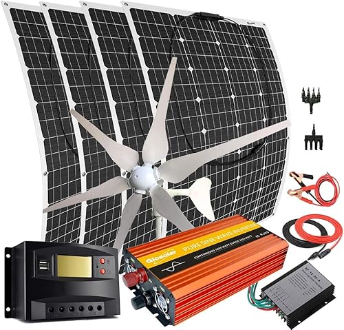 Kit de generador solar de 900 W con inversor de 1000 W y 4 paneles solares de 120 W y generador de turbina de viento de 420 W, controlador de viento