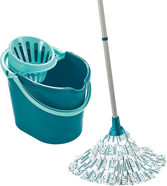 Leifheit Classic Mop and Bucket Set, Mop and Wringer Set, Extra-Absorbant Viscose Mop Head Washable at 60°, Floor Mop with 120 cm Steel Handle, Capacity 12 Litre, Turquoise