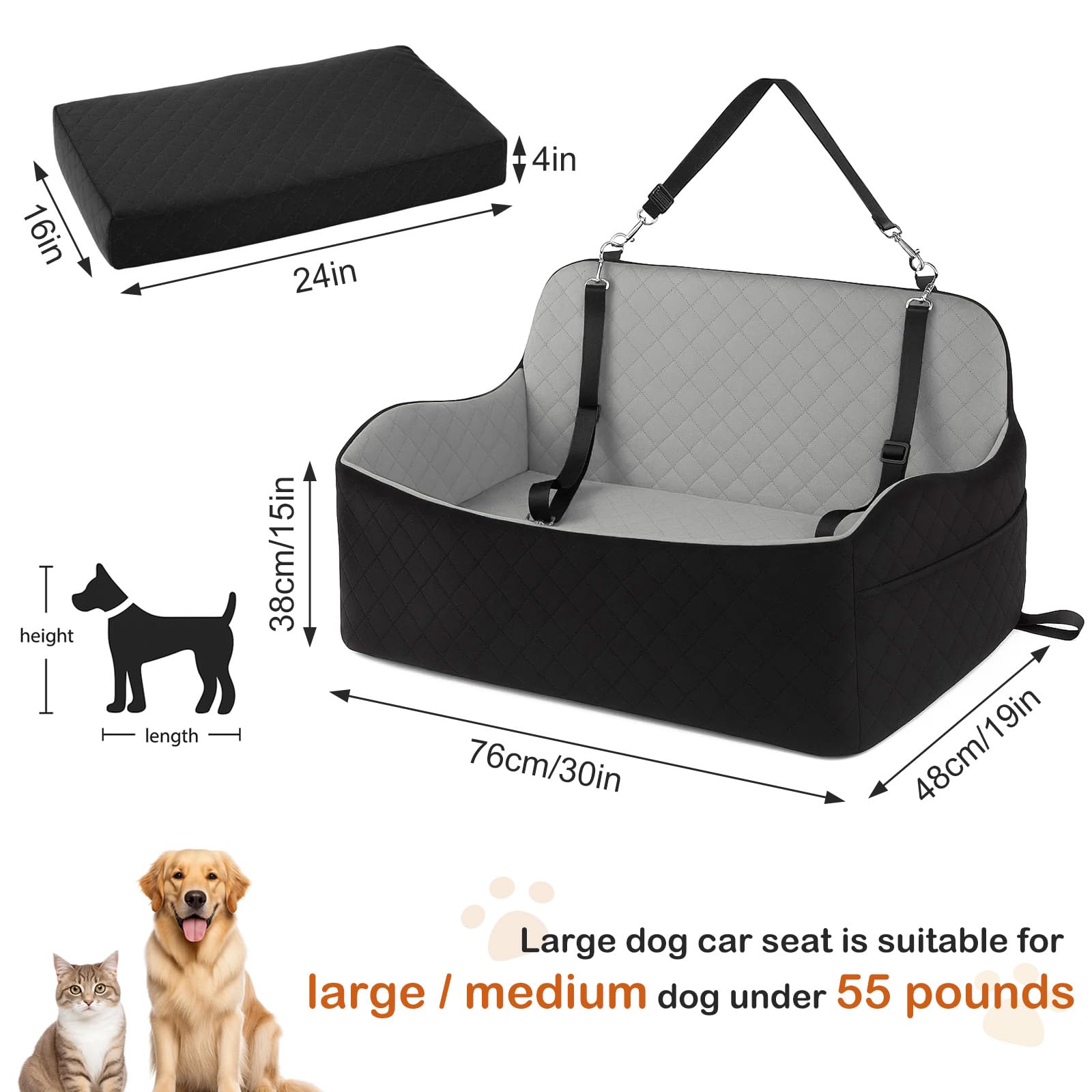 Hunde Autositz für große & mittelgroße Hunde bis 25 kg | Autositze mit Dicker Polsterung, Sicherheitsgurten & Aufbewahrungstaschen (25 kg Schwarz-Grau)