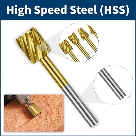 Wood Carving Bits Titanium Coated Engraving Router Bit, 20pcs HSS Rotary Burr Set with 1/8 Shank for Rotary Tools for DIY Carving, Drilling Engraving, Woodworking, Trimming, 2 Collet Included