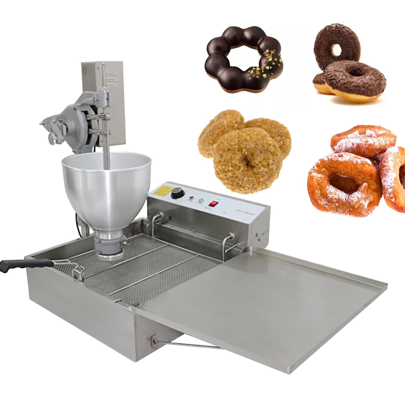 Eoweiot 220v Automatic Doughnut Frying Making Machine, 9L Hopper & Adjustable Molds, 3 Different Molds,Ball/Flower/Ring Shaped Donuts