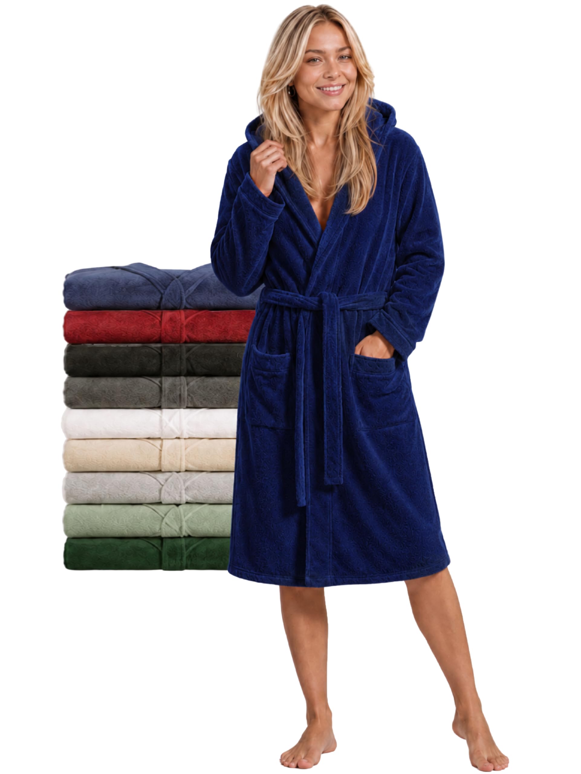 Twinzen Accappatoio per Donna con Cappuccio in Spugna Certificato Oeko Tex - 2 Tasche, Cintura - Vestaglia - per Uscire dalla Doccia, Assorbente e Confortevole