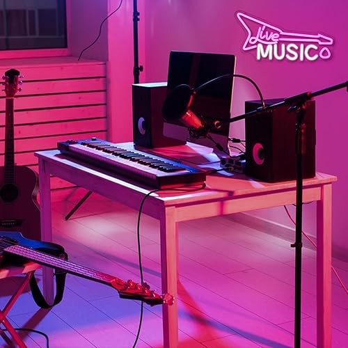 Miniatura 6 de LMSIGNLY Letrero de neón de música en vivo, letrero de neón de guitarra rosa, letrero LED de música en vivo, arte de pared para decoración de