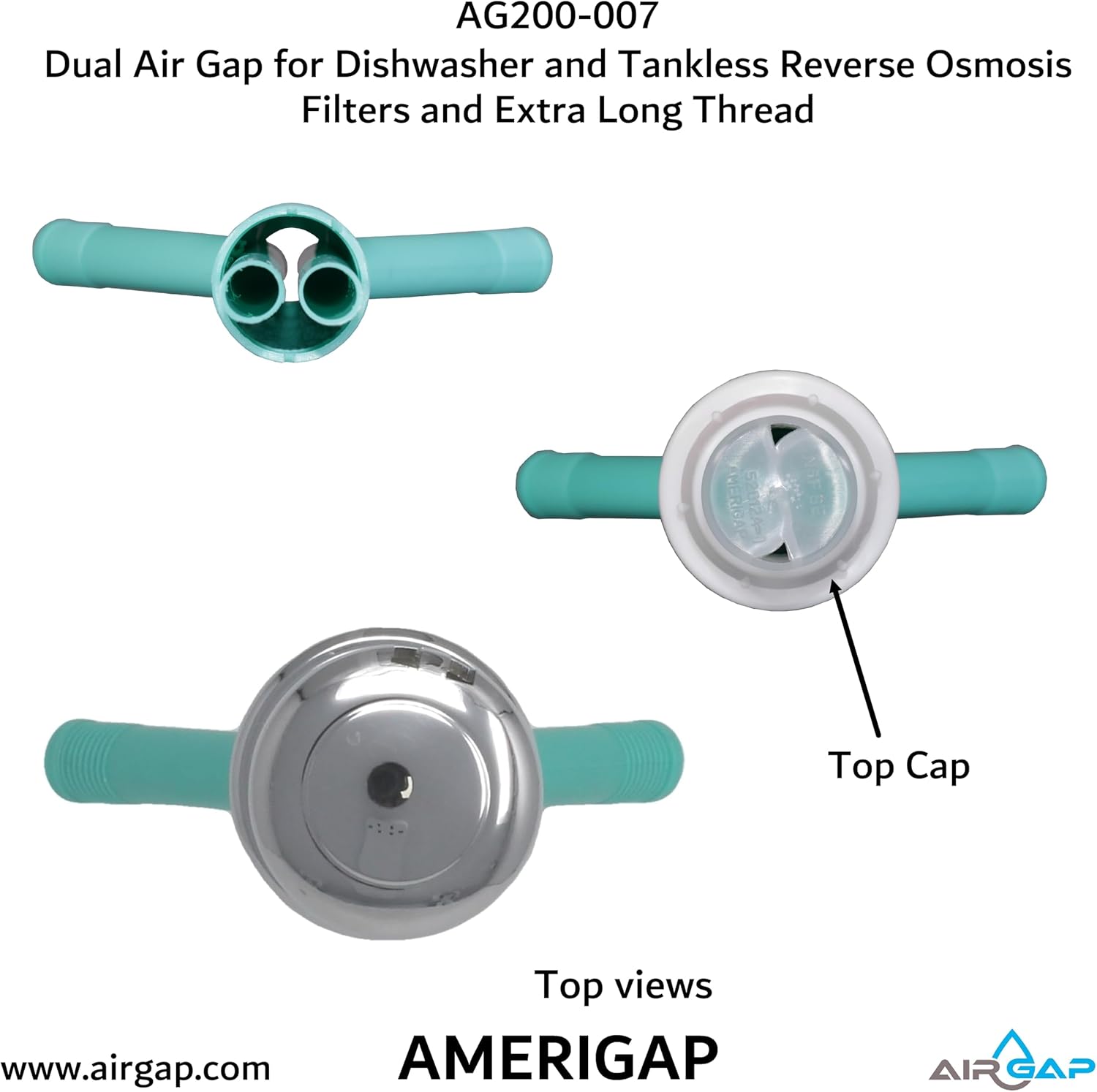 Dual Air Gap for Dishwasher and Tankless Reverse Osmosis Filter with Extra Long Thread (AG200-007 AMERIGAP)