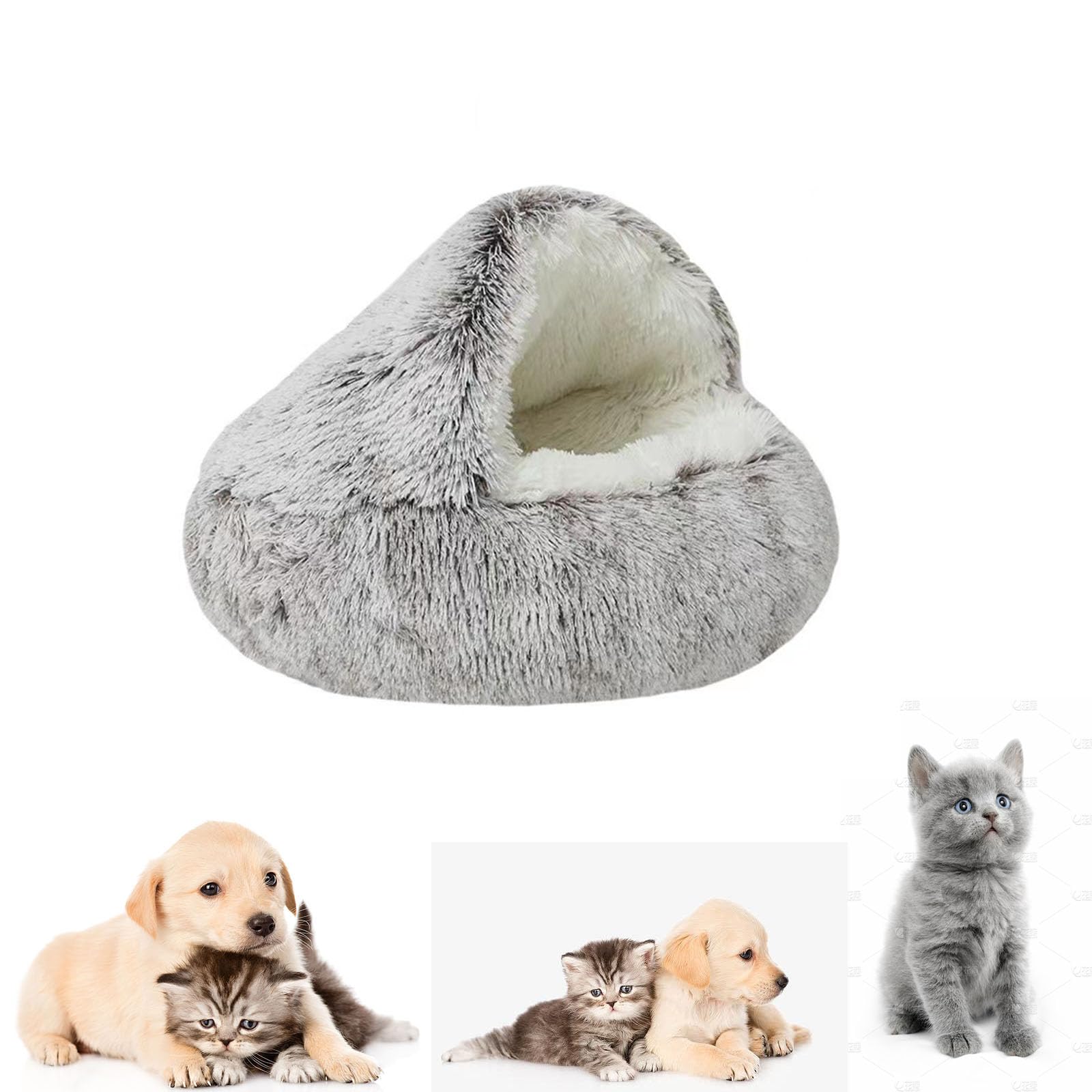ALEjon 2023 New Cozy Cocoon Pet Bed for Dogs and Cats - Winter Plush Round Fluffy Warm Covered Bed (Coffee-Plush, 40cm)