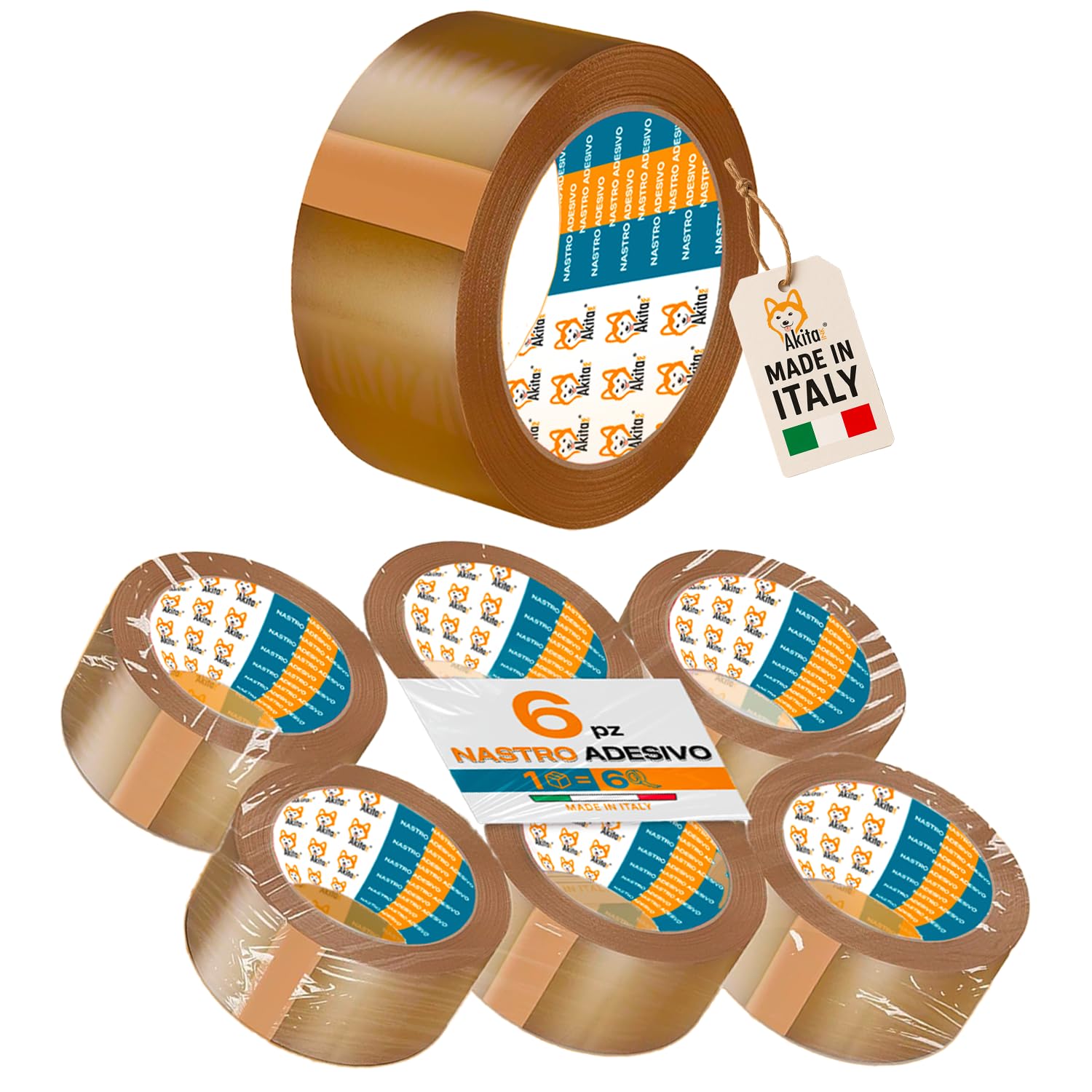 AKITAInk Nastro Adesivo Marrone per Imballaggio 6 Rotoli Avana – 50mm x 66m x 76mm – PP Silenzioso, Alta Aderenza, Resistente a Strappi – Ideale per Pacchi, Scatole, Spedizioni e Trasloco