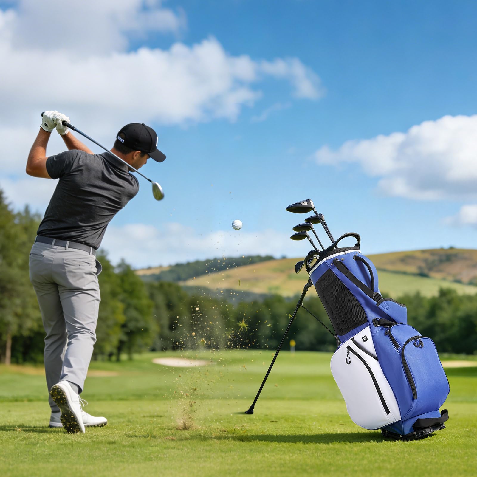 VEVOR Golfbag mit 7-Facher Einteilung, Golftasche mit Standfüßen Doppelschultergurt Durchgehenden Trennfächern Regenhaube Stautaschen, Caddybag aus Polyester für Herren Damen Golf Cartbag