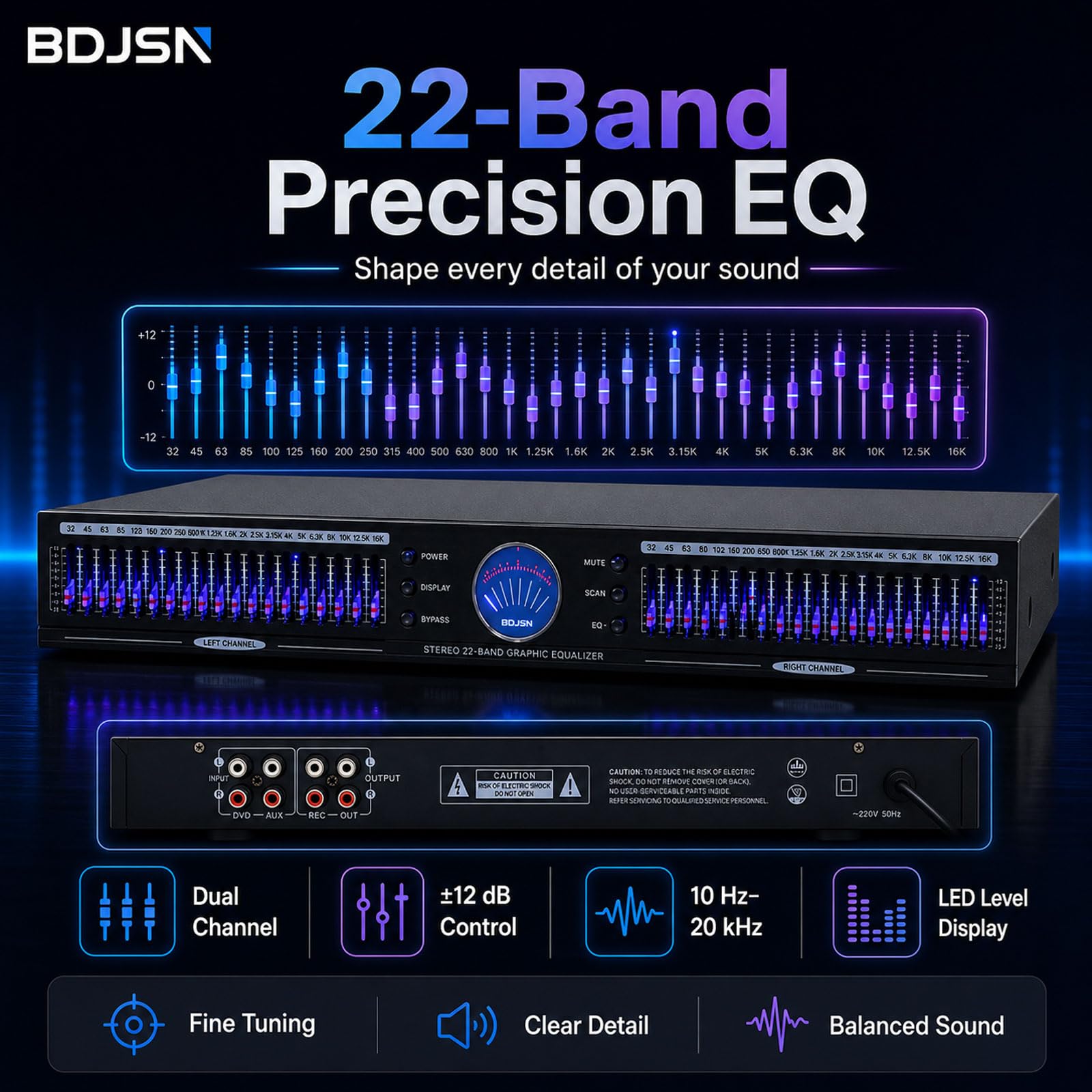 Zweikanaliger 22-Band-Stereo-Grafik-Equalizer, ±12 Db Audio-eq Mit Led-pegelanzeige, 10 Voreingestellte Modi, Rauschunterdrückung, Bass-, Mitten- Und Höhenregler Für Heimkino, Karaoke