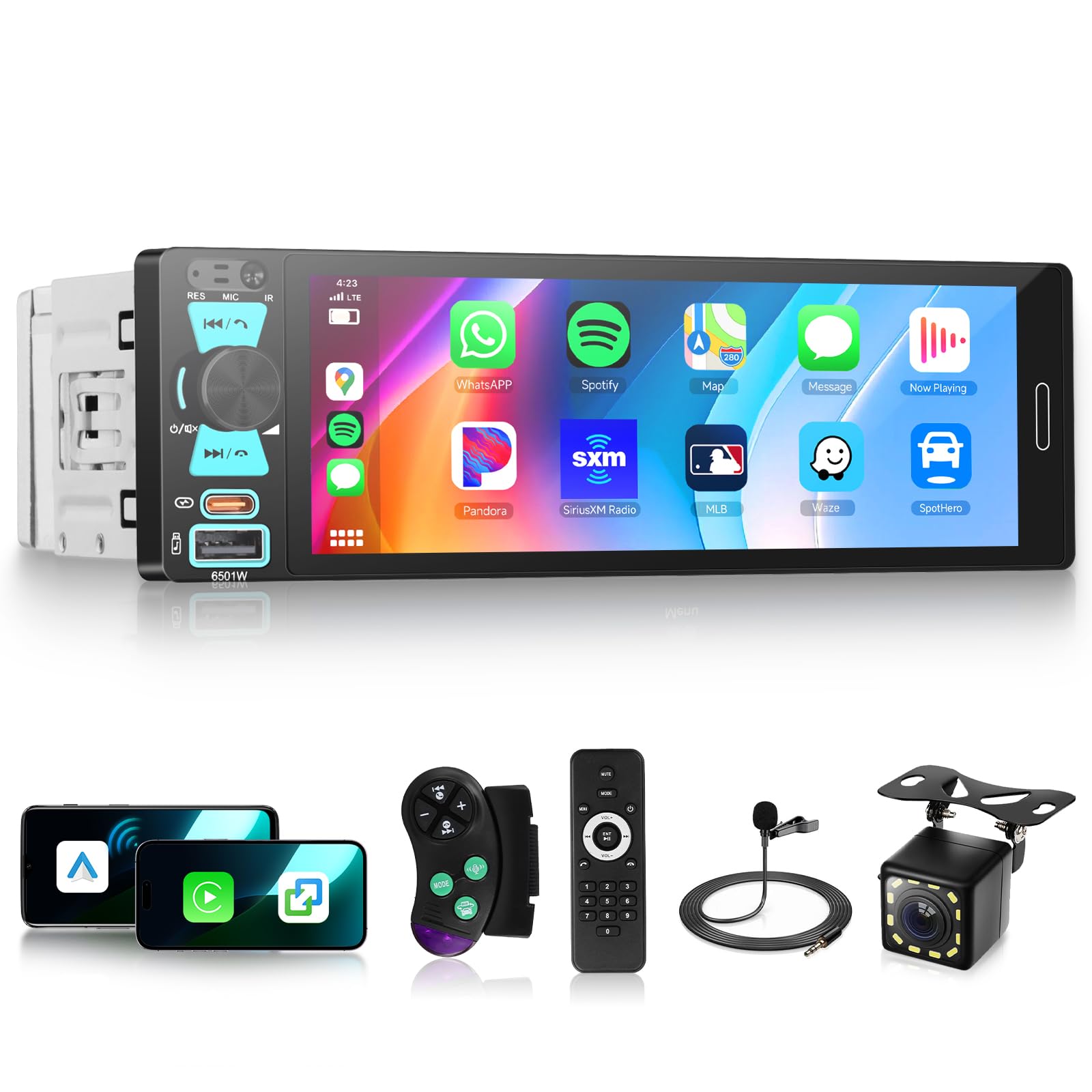 Hodozzy Autoradio 1 Din avec Carplay Android Auto sans Fil, écran Tactile 6,5 Pouces avec Bluetooth, Poste Radio Voiture Multimédia AM FM RDS MP5, Mirror Link, Type-c/USB/AUX SWC EQ, Caméra Recul