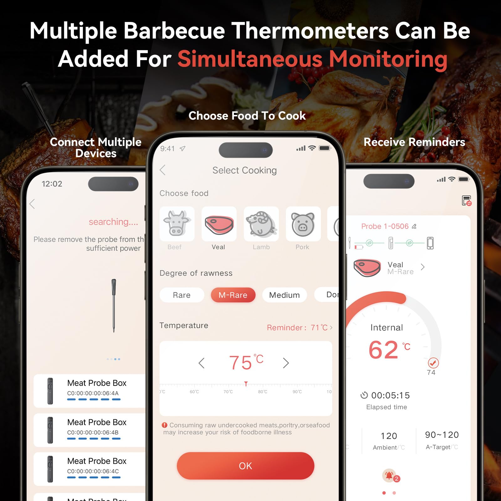 Thermomètre à viande sans fil, thermomètre à viande Bluetooth ultra gamme avec double capteur haute sensibilité, thermomètre alimentaire sans fil avec application intelligente thermomètre de cuisson