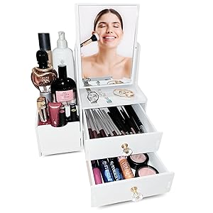 Organizador de Maquillaje, para Habitacion, Tocador o Baño, con 2 Cajones, Separadores y Espejo. Neceser Cosmeticos, Perfumes, Cremas, Barras de Labios y Joyas. Tocador de Maquillaje.