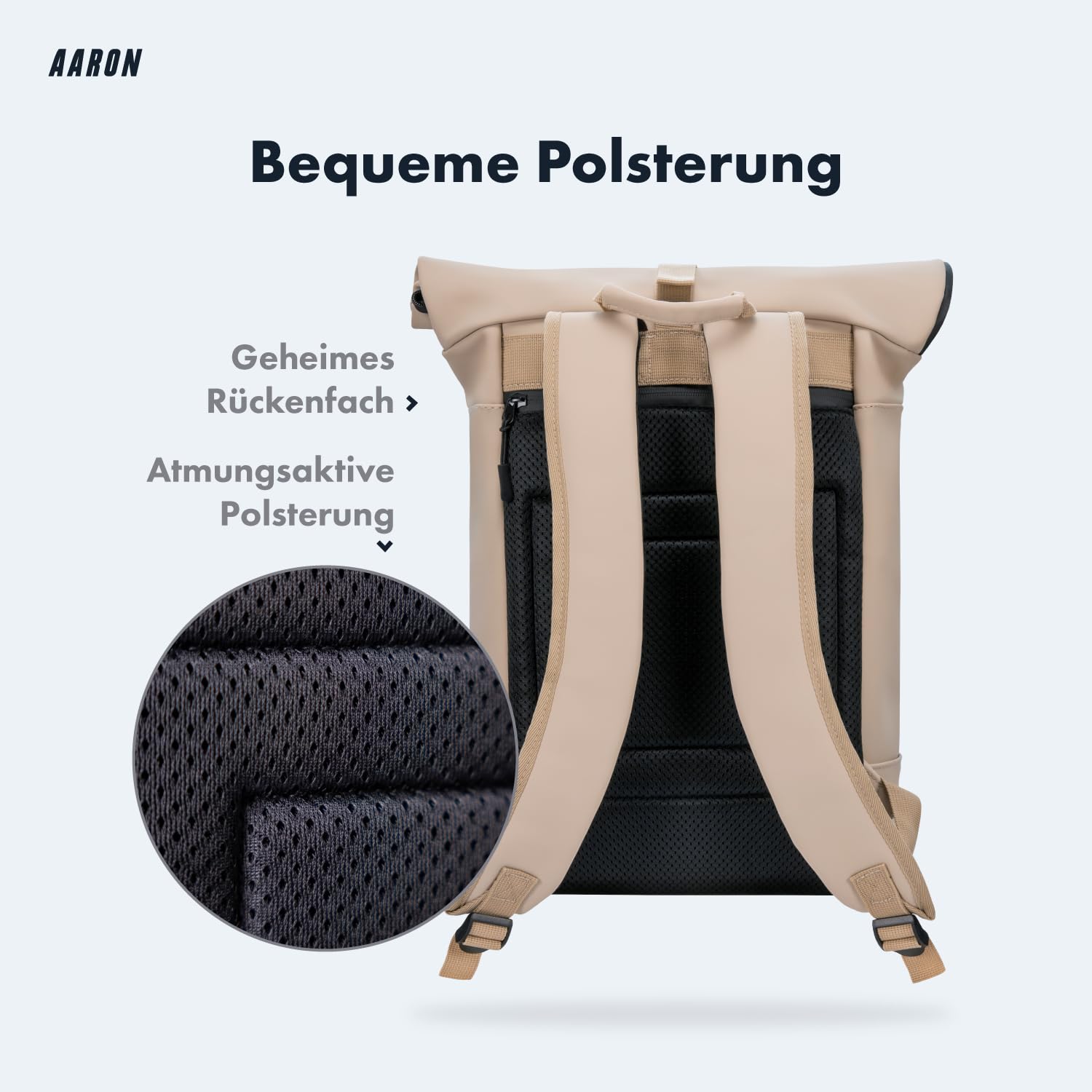 AARON Rolltop Rucksack Damen und Herren, mit Laptopfach, Daypacks, Rollrucksack Damen aus recycletem PET (wasserabweisend) für UNI, Reisen, Alltag, Rolltop Backpack in schwarz und Beige