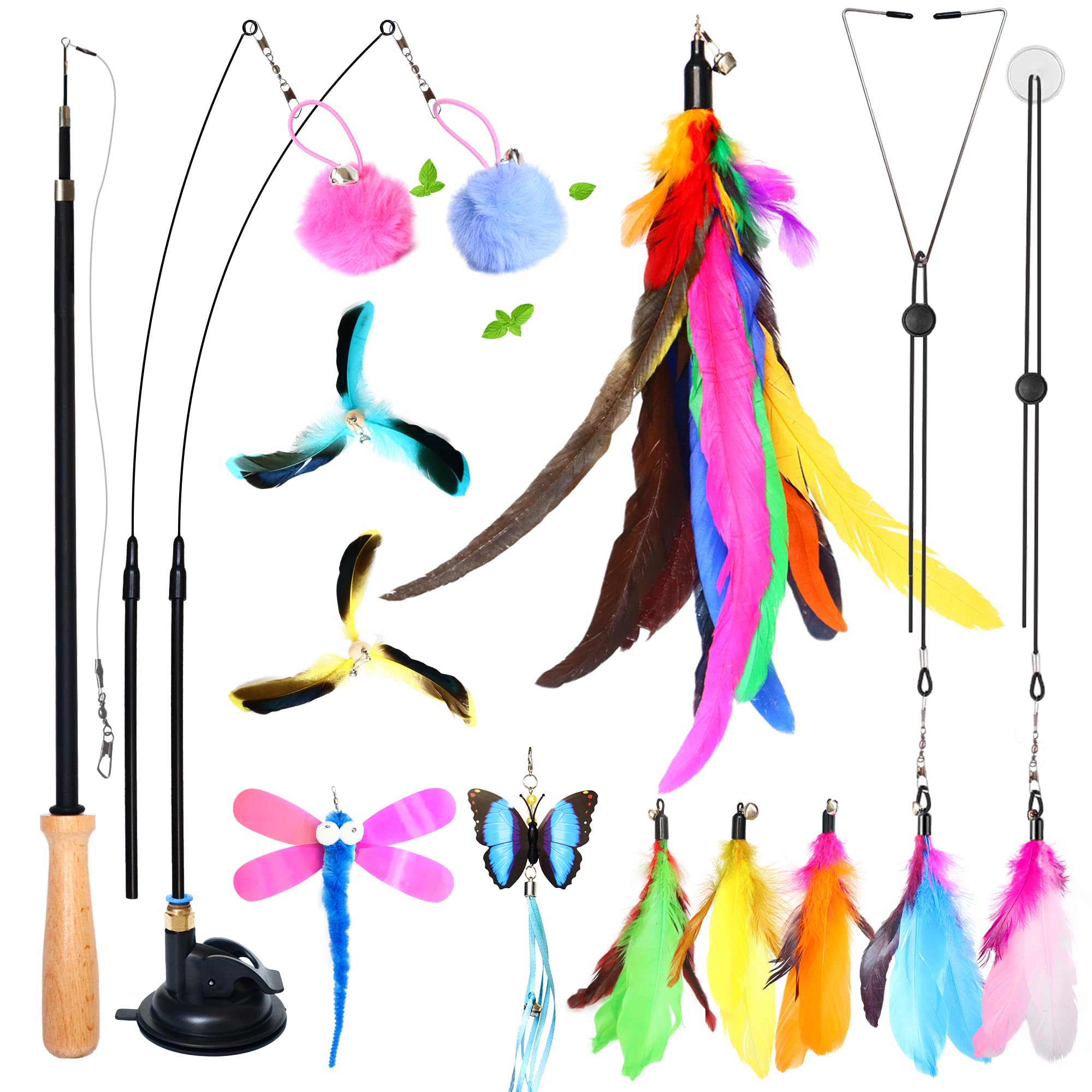 Fokauiwo 4-in-1 Interactive Cat Toys Set with 12 Pcs Replacements for Indoor Cats (Includes 1 Huge Feather)- Cat Fishing Pole Toy with Wooden Handle, Enhanced Suction Cup, Hanging Door Kitten Toys