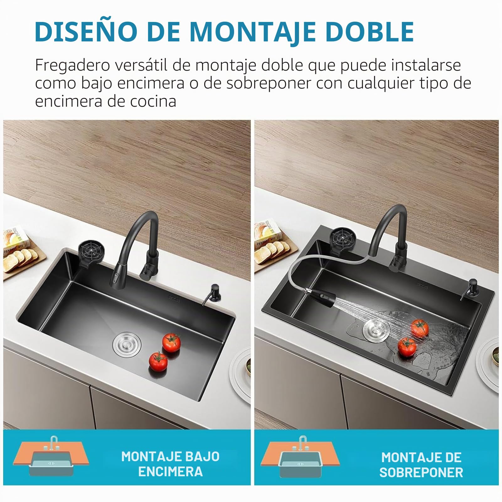 Fregadero de Acero Inoxidable Negro de Tres Agujeros, 80 x 50 cm, Fregadero de Cocina Utilitario, Tazón Único con Dispensador de Jabón, Grifo, Adecuado para Cocina, Bar y Uso al Aire Libre