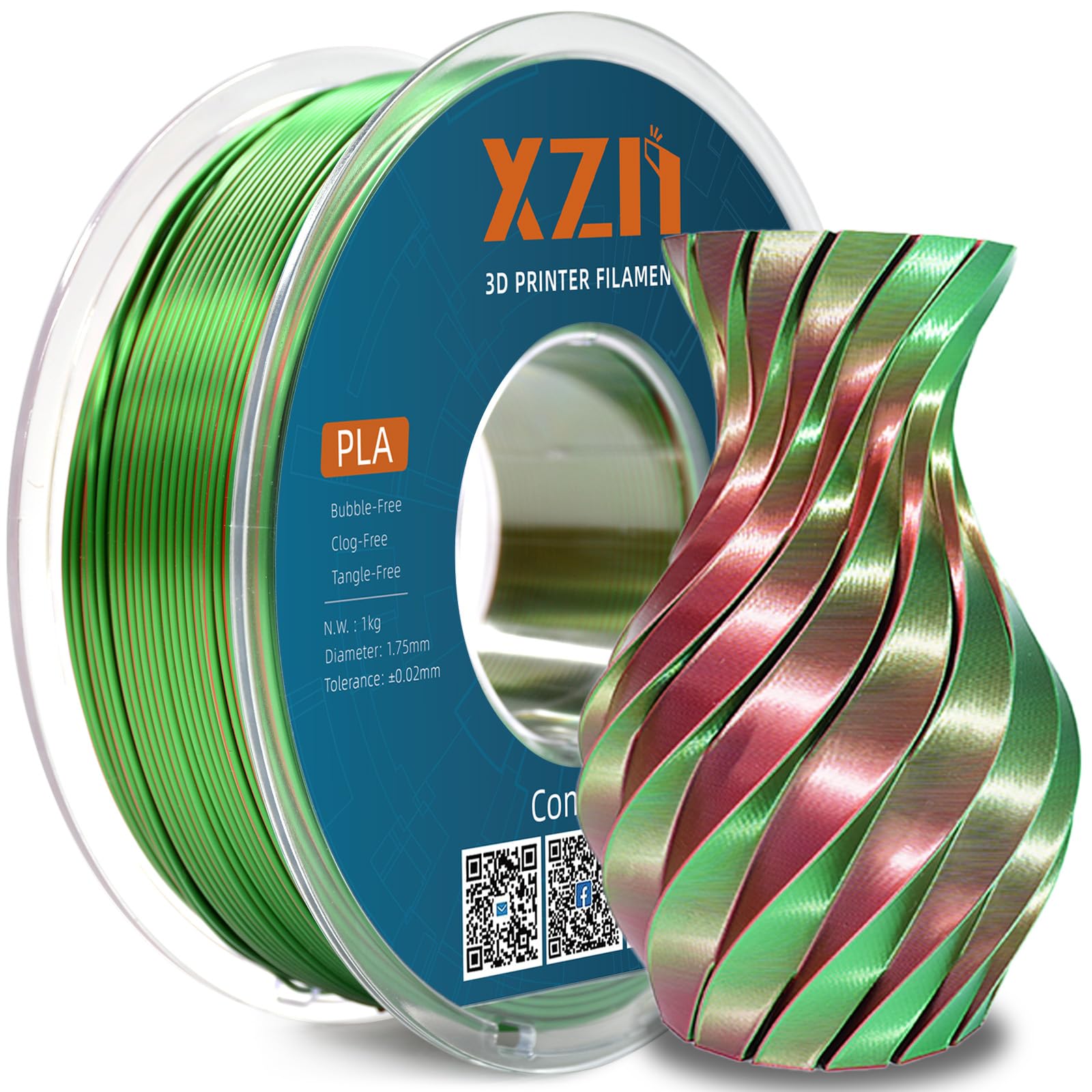 Silk PLA Filament 1.75mm Dual Color Green Red 1KG, Metal-Like Shiny 3D Printer Filament, Precision ±0.02mm, Neatly Wound, No Clog/Bubble, Durable, Excellent Layer Adhesion, Fits Most FDM Printers