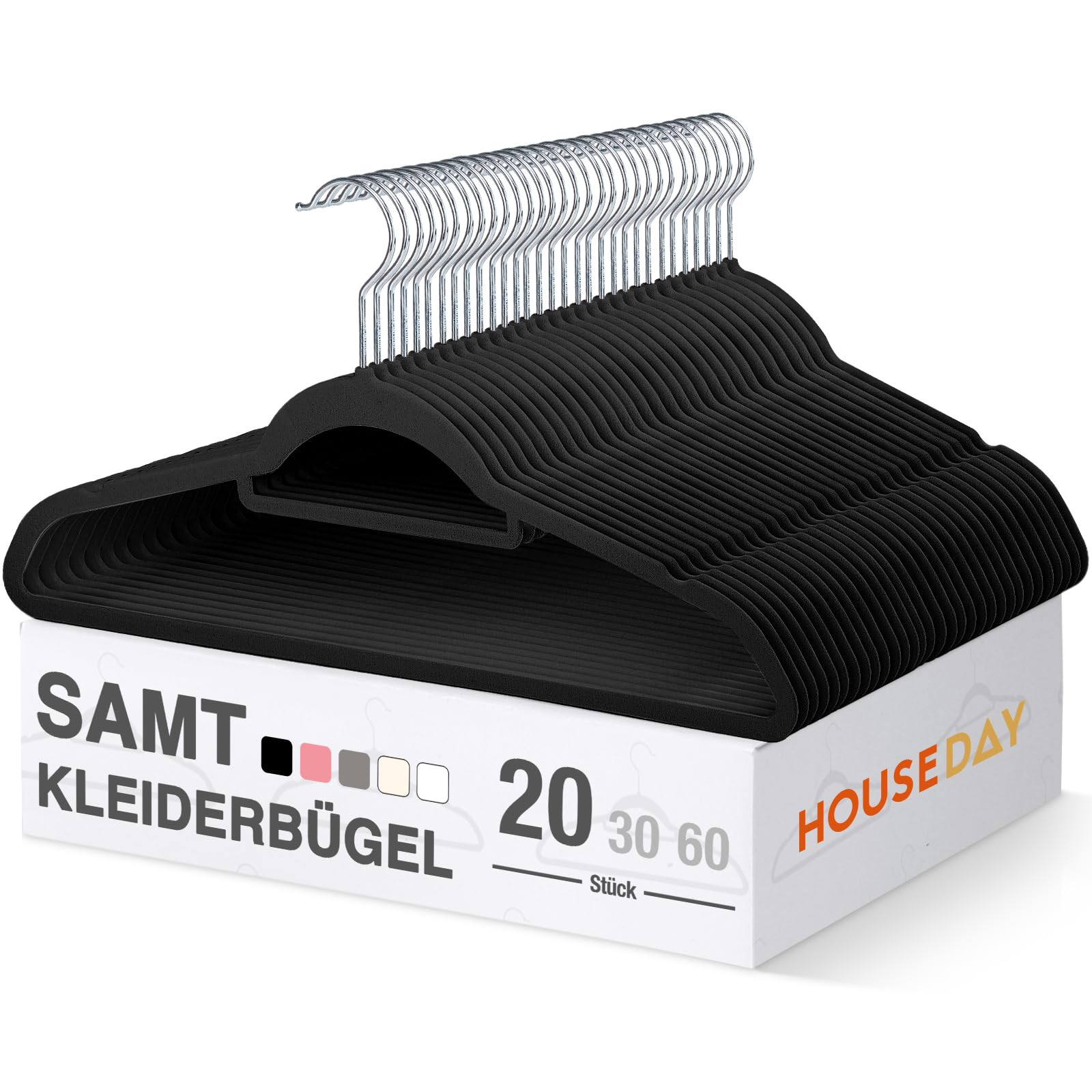 HOUSE DAY Kleiderbügel Samt, 20er Set, Premium Bügel, Kleiderbügel Platzsparend und rutschfest Samtbügel mit 360° drehbarer Haken für Hemden, Anzüge, Pullover, Hosen, Schwarz