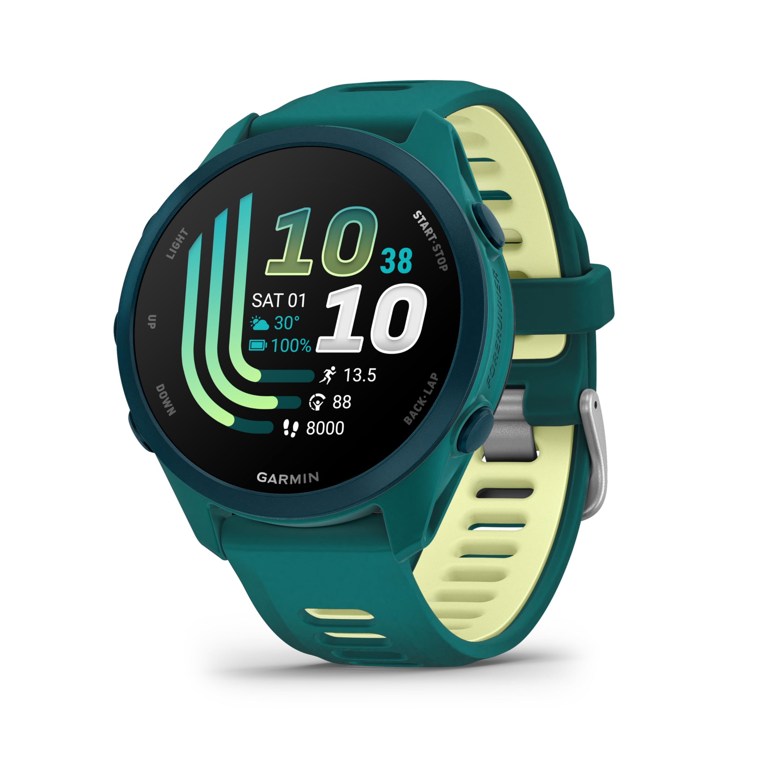 Garmin Forerunner® 170 Music, orologio da corsa GPS, statistiche di allenamento avanzate e informazioni sul recupero, oltre a memorizzare musica, verde con cinturino verde/limone