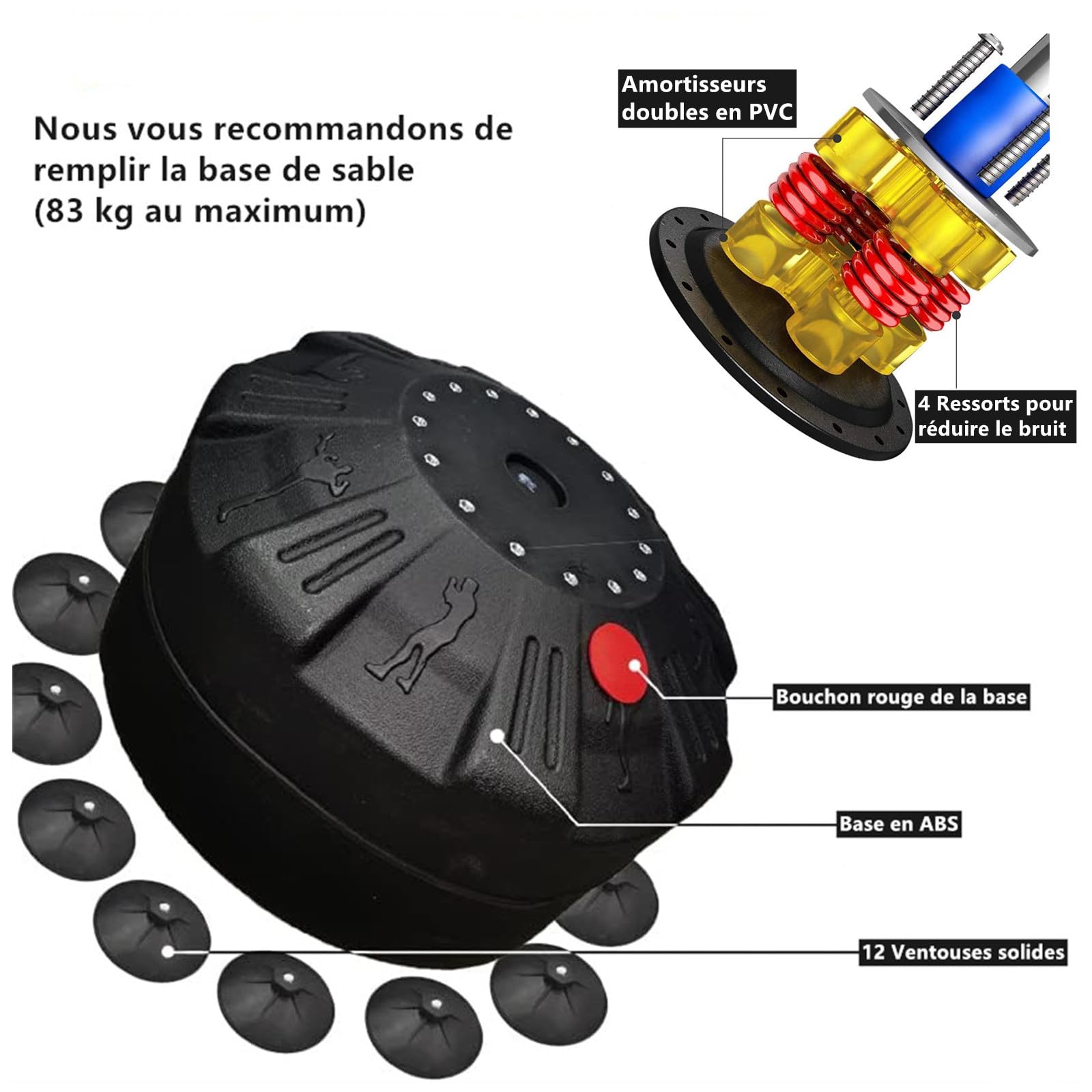 Sac de Frappe sur Pied Sac de Boxe Punching Bag Debout Adulte Sac de Frappe Boxe Autoportant avec Ventouses