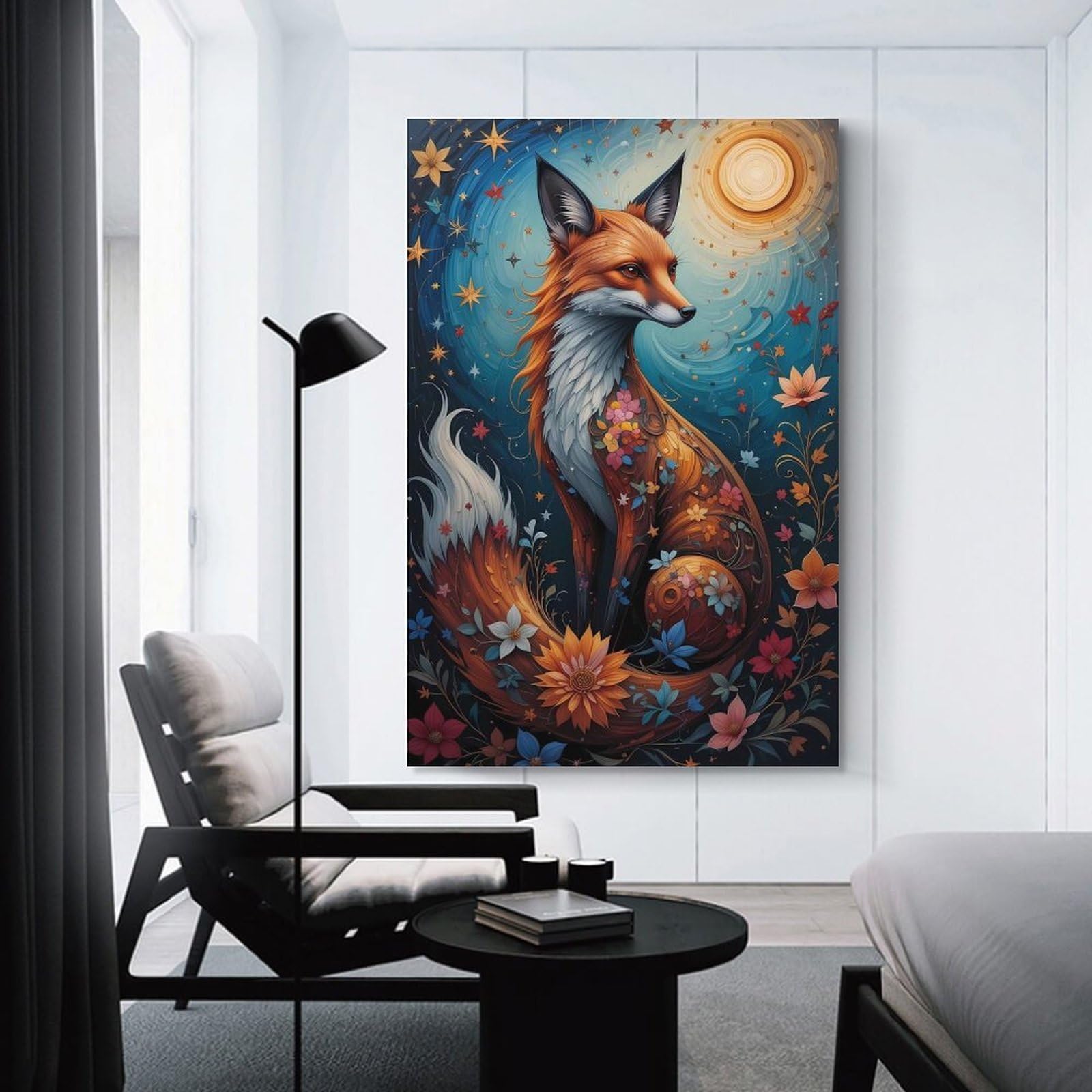 Junmoney Enchanted Fox with Floral Accents Wall Art Print, 24x36inch(60x90cm), for Living Spaces, Bedrooms Or Relaxed Rooms, Decorative Artwork for Empty Walls