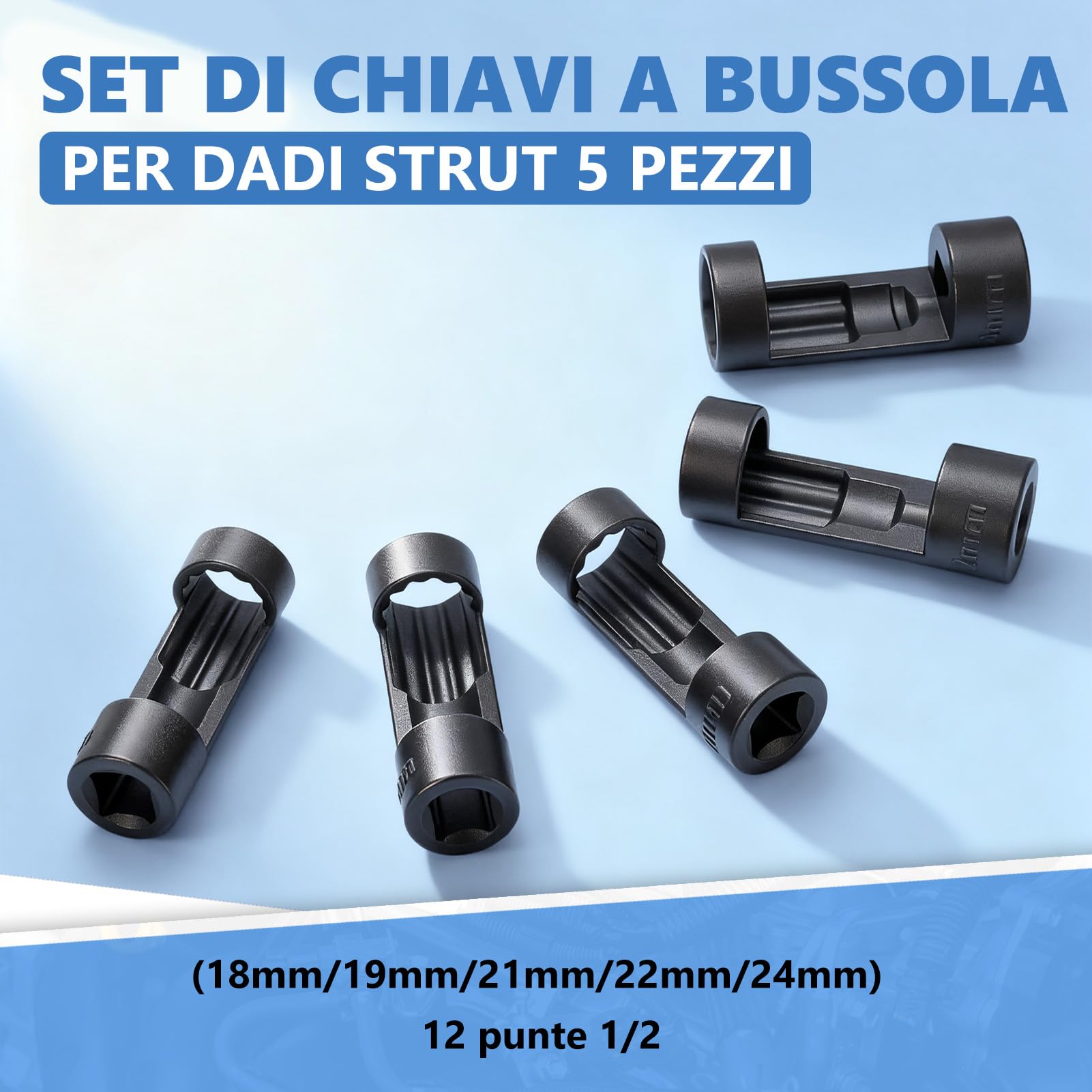 5 Pcs Set di per Dadi del Puntone di Sospensione, 1/2 Inch Ammortizzatore Dado Presa con 18mm 19mm 21mm 22mm 24mm, Strumento di Chiavi a Bussola fur Rimozione del Dado Montante