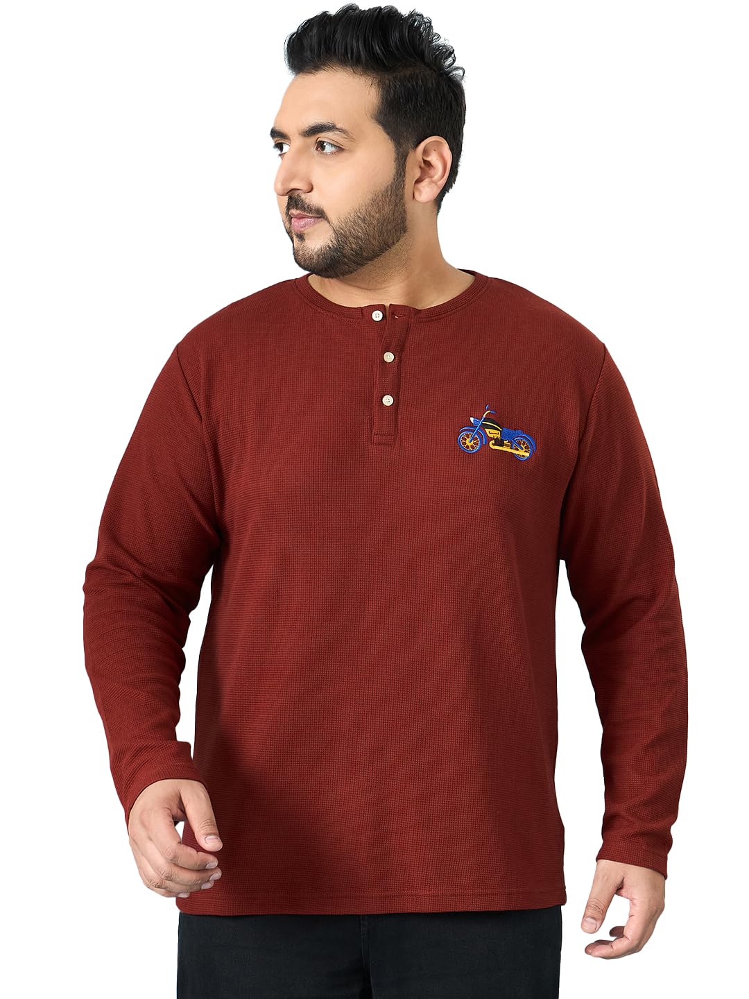 bigbanana Men Plus Size Solid Maroon Full Sleeve Henley Tshirt-picture-20