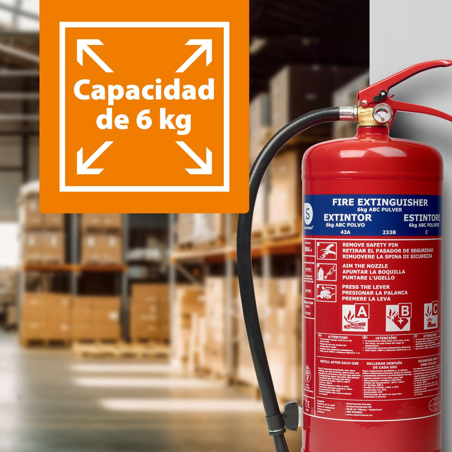 Smartwares Powder Extinguisher, 6 kg, for ABC Fires, Suitable for Vehicles and Homes, with mounting Bracket