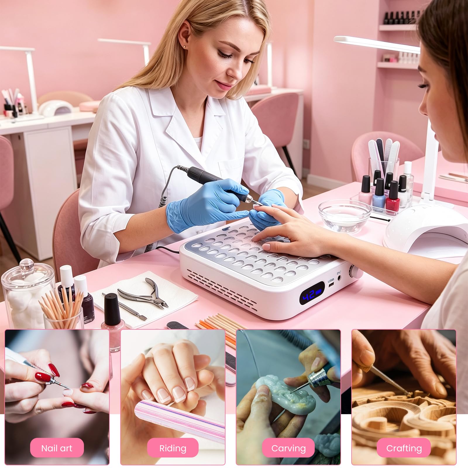 Aspirador Uñas Profesional 56w, Con Salida USB Y Pantalla LED, Succión Ajustable, Filtro Reutilizable, Adecuado Para Manicura Y Pedicura, Blanco