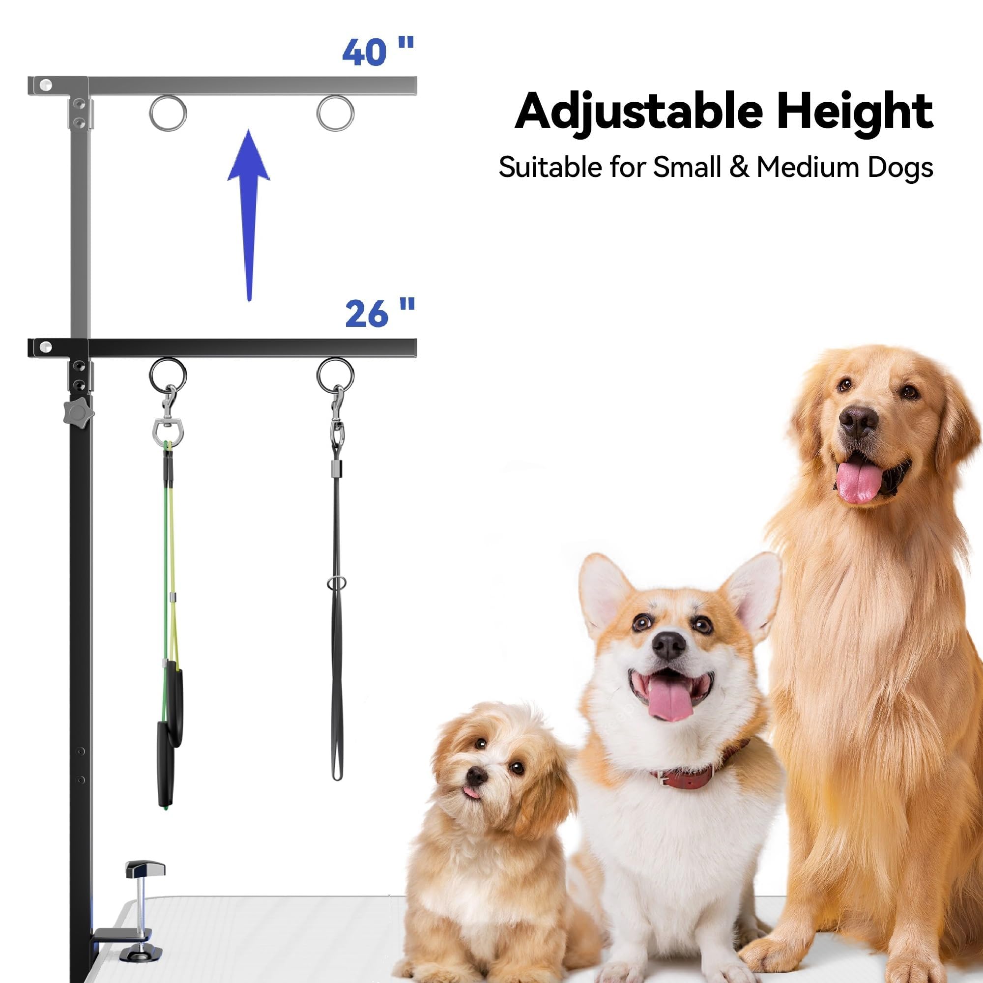 Brazo de Aseo Plegable para Perros con Abrazadera – Altura Ajustable 66–102 cm, Brazo de Mesa de Grooming con Hamaca y Sujeción Anti-Sentado, Sistema de Sujeción para Perros Pequeños y Medianos