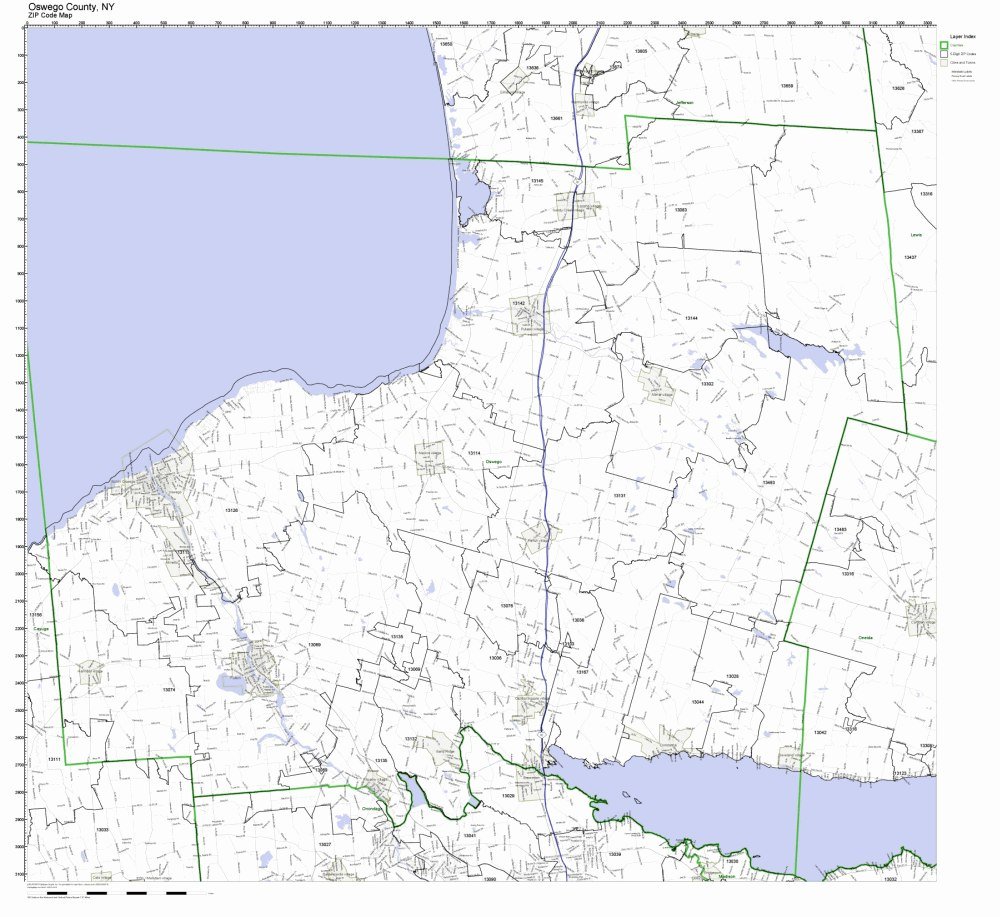Oswego County, New York NY ZIP Code Map Not Laminated