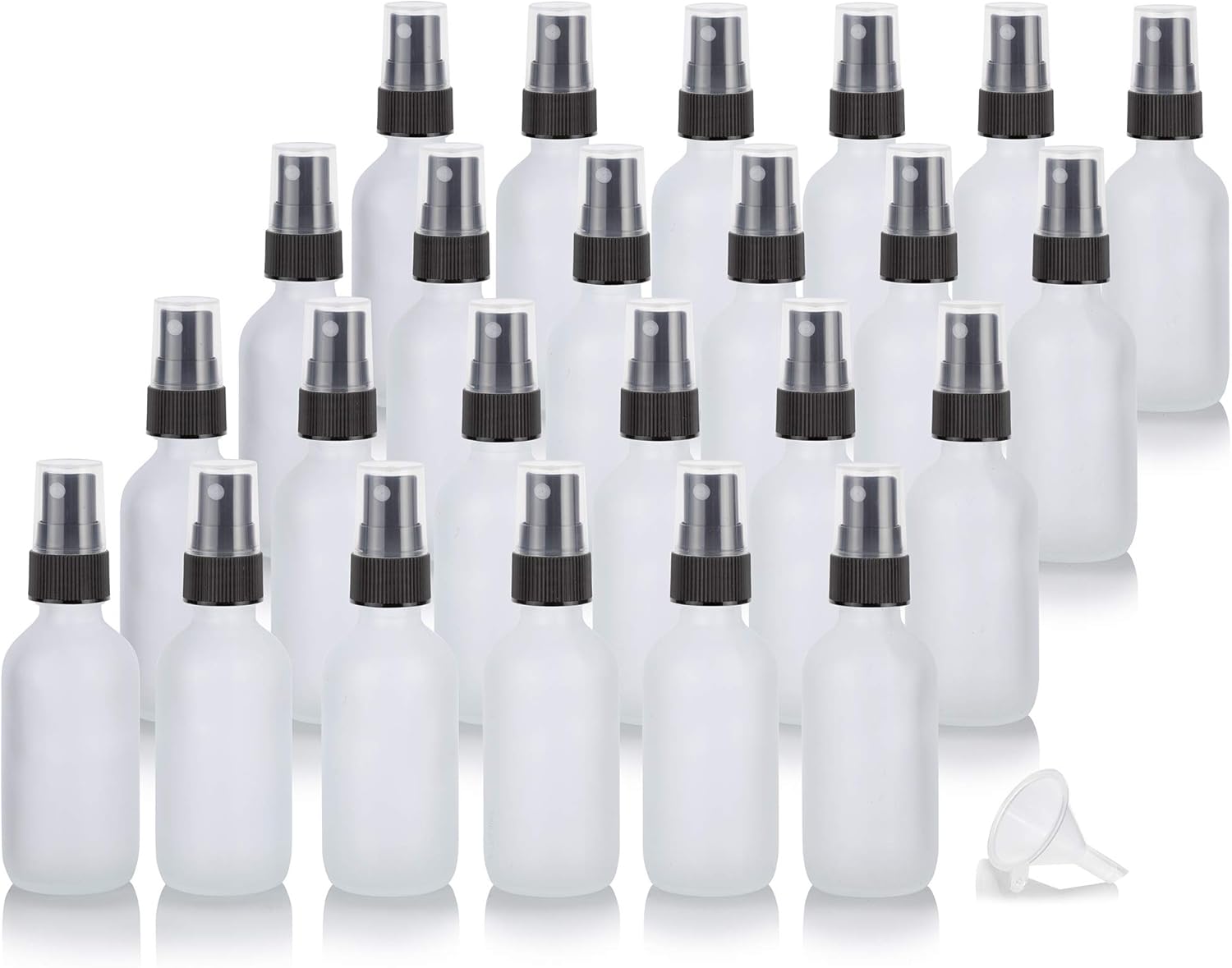 JUVITUS 2 oz Frosted Clear Glass Boston Round Bottle with White Fine Mist Spray (24 pack) + Funnel