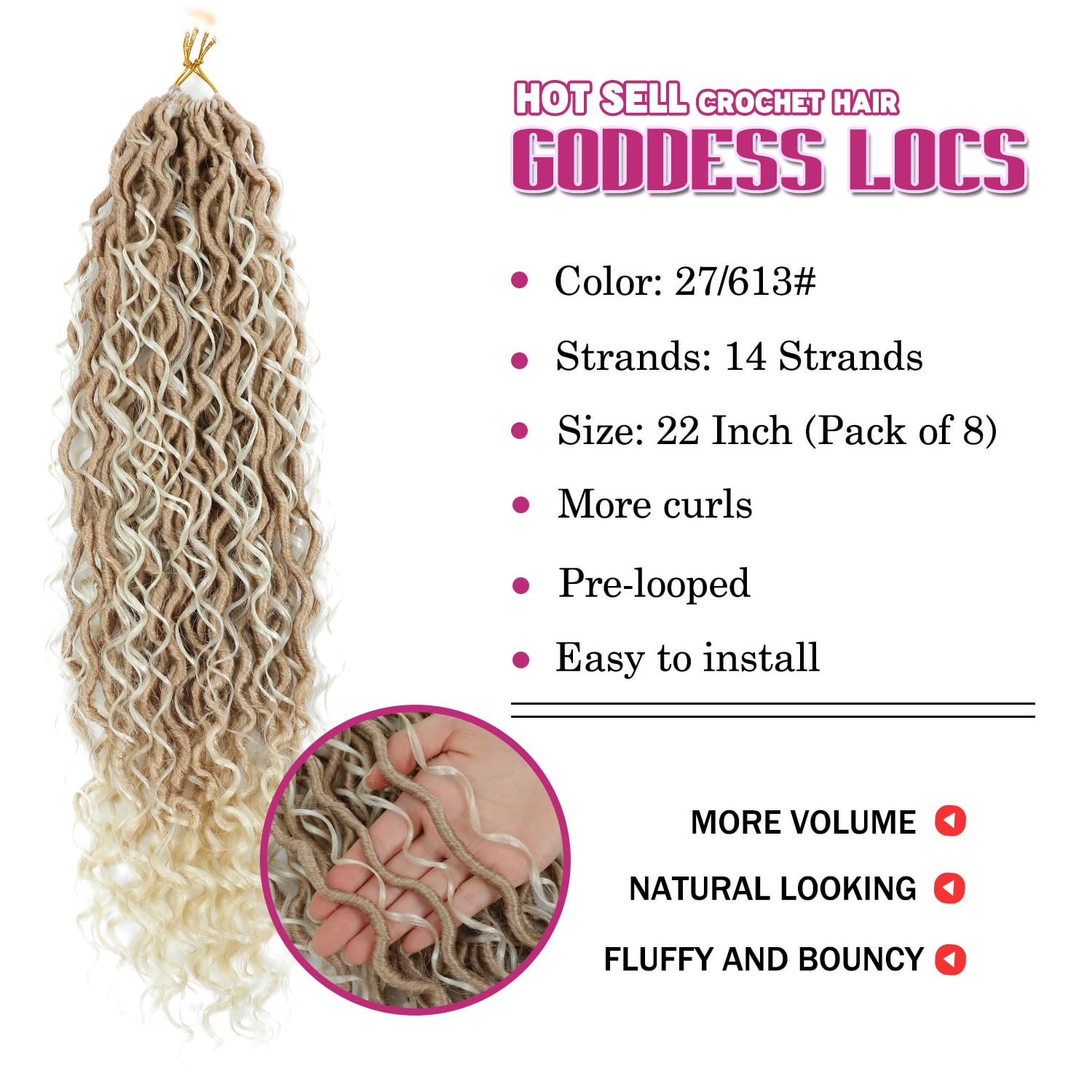 8 Packs Goddess Faux Locs Crochet Hair for Black Women, Long Goddess Locs Crochet Hair, Boho Style Locs, River Hair with Curly Ends (22Inch, OT27/613#, 8Packs)