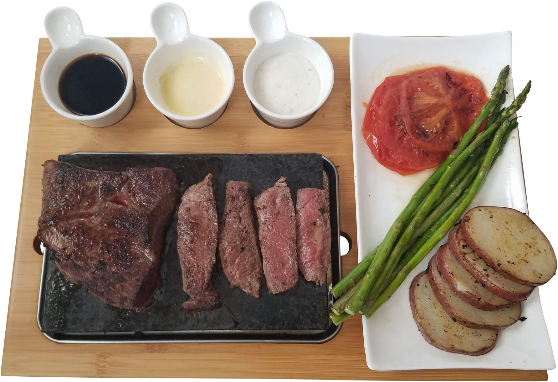 Cooking Stone - Complete Set Lava Hot Steak Stone Plate and Cold Lava Rock Hibachi Grilling Stone w Ceramic Side Dishes and Bamboo Platter