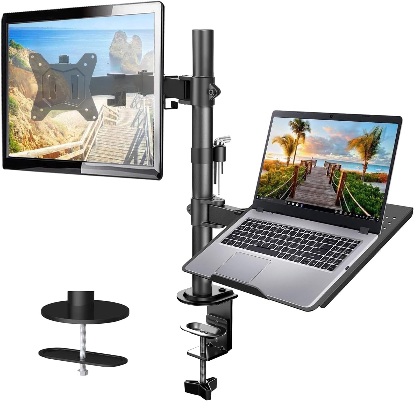 HUANUO Monitor Arm with Laptop Tray for 13 to 32 Inch Screen & 17 Inch Notebook, Monitor and Laptop Stand, Monitor Arm Desk Mount Fits VESA 75 / 100 Gaming