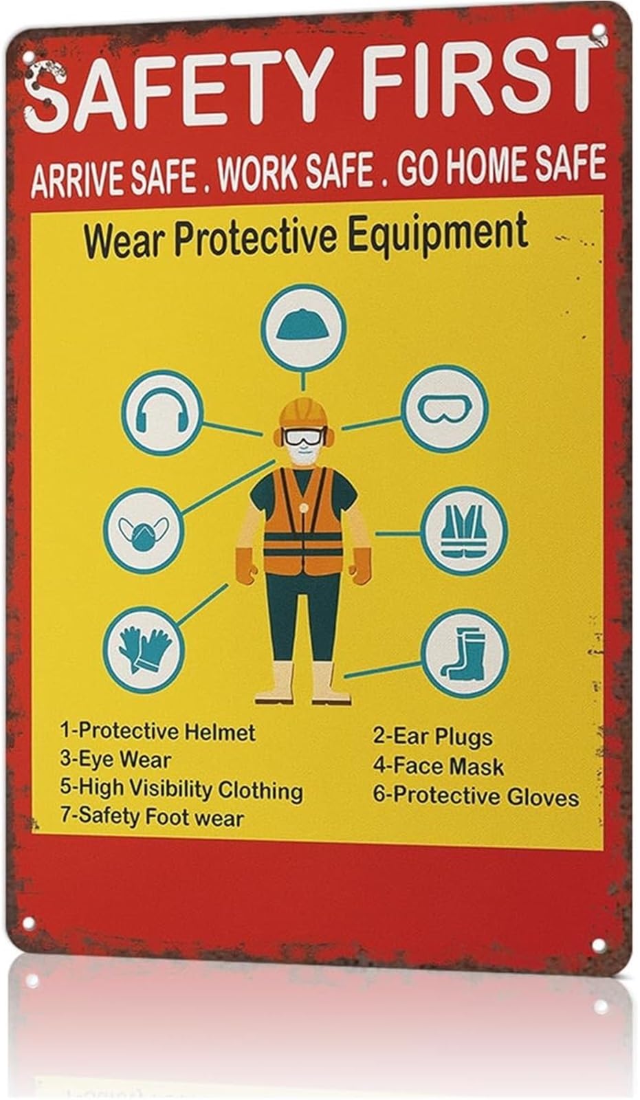 EKFBQBGW Vintage First Sign Industrial Workplace Warning Aluminum Metal Tin Sign for Office Garage Warehouse (8 X 12 in)