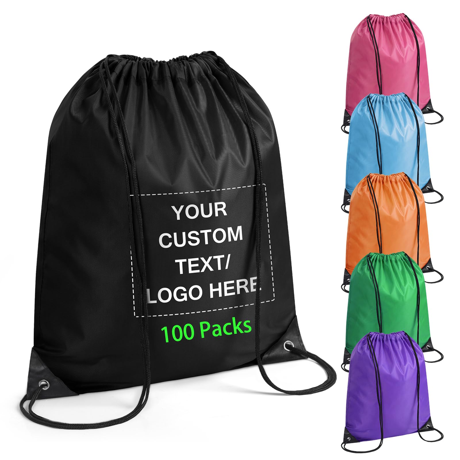 Fyore 100 Pack Personalised Drawstring Bag, Bulk Customised Logo Text Drawstring Gym Bag PE Bags Drawstring Backpack for Sports Travel Swimming Team Building