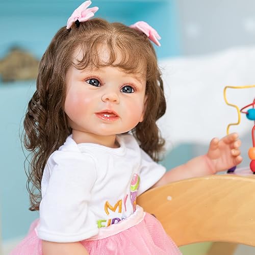 Miniatura 7 de Muñecas Reborn de silicona de cuerpo completo para niña de 22 pulgadas, muñecas realistas con pelo largo y vestido rosa teca para cumpleaños de niños