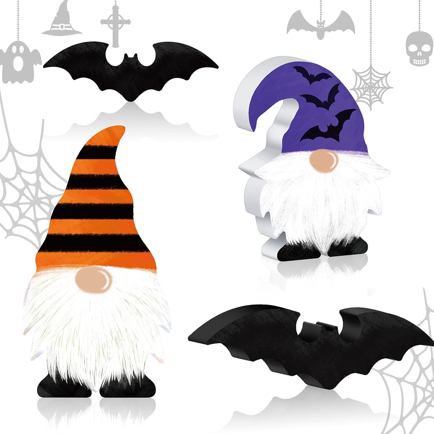 4 Pieces Wooden Gnome Sign Bat Wooden Table Decor Farmhouse Tiered Tray Decoration Halloween Stripe Bat Freestanding Wood Swedish Gnome Wooden Bat Ornaments for Tiered Tray Birthday Office Home Party