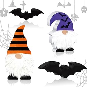 4 Pieces Wooden Gnome Sign Bat Wooden Table Decor Farmhouse Tiered Tray Decoration Halloween Stripe Bat Freestanding Wood Swedish Gnome Wooden Bat Ornaments for Tiered Tray Birthday Office Home Party