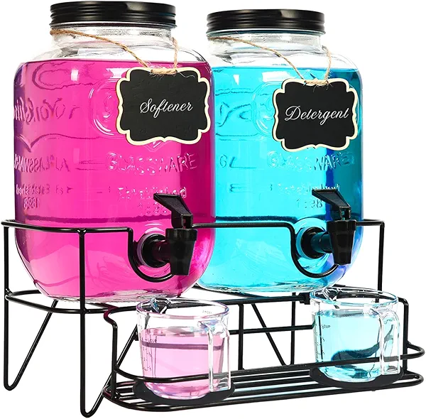 Roetell 2 Sets 1 Gallon Laundry Detergent Dispenser with Stand, Measuring Cup, Glass Laundry Detergent Containr for Laundry Room Organization