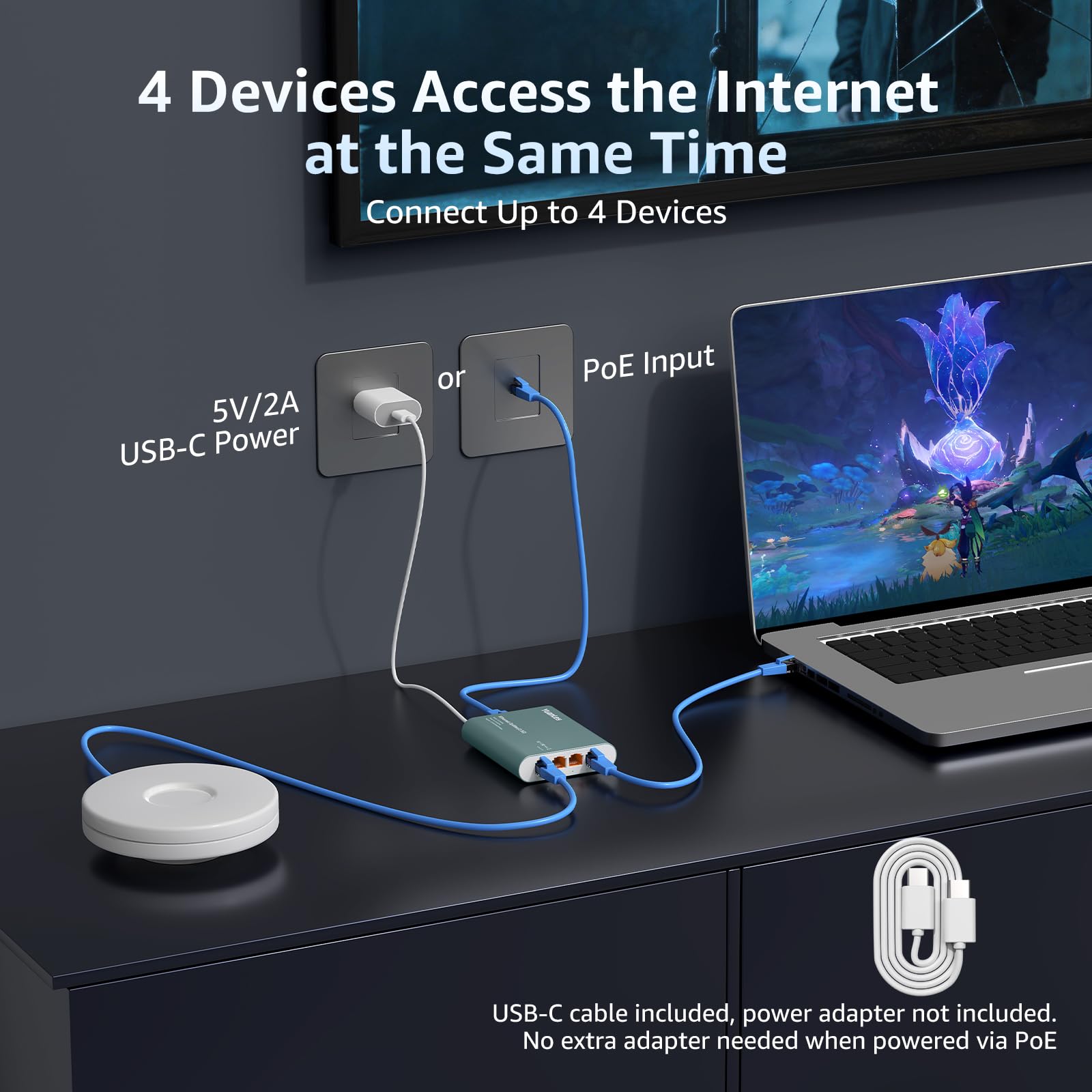 Splitter Ethernet 2.5G 1 à 4 avec Entrée PoE, Splitter Internet RJ45 Haut Débit 2.5G avec Boîtier en Aluminium, Isolation de Port VLAN, Alimenté par PoE/USB-C, Câble USB-C Inclus, Plug and Play