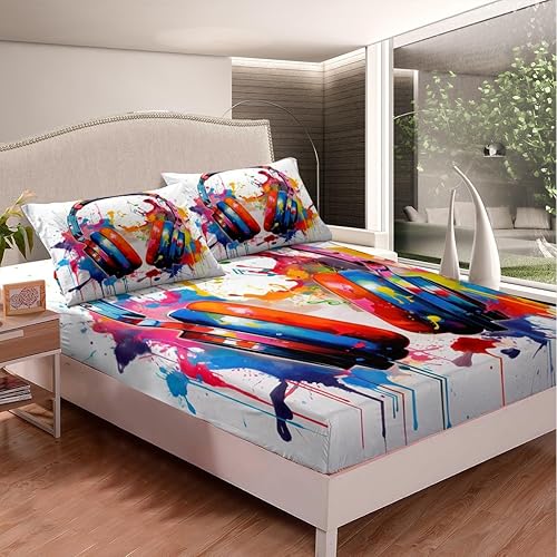 Miniatura 4 de Erosebridal Juego de sábanas tamaño individual con auriculares de arcoíris para niños y adolescentes, juego de sábanas de acuarela con notas