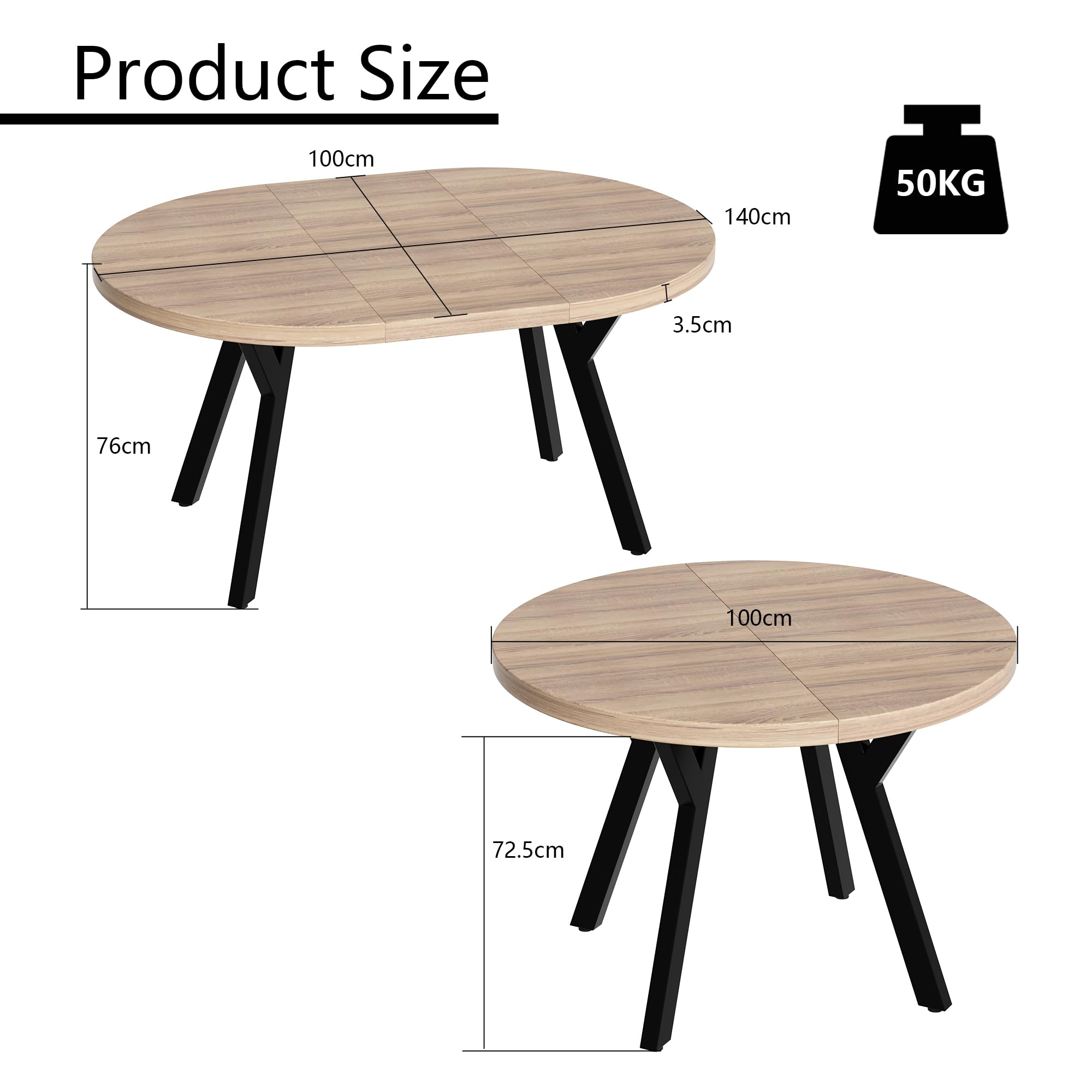 MSFE Tavolo da Pranzo, Tavolo Rotondo Allungabile per 4-6 Persone, 100-140 cm, Tavolo da Cucina con Gambe a Croce in Acciaio e Piano in Legno per spazi multifunzionali