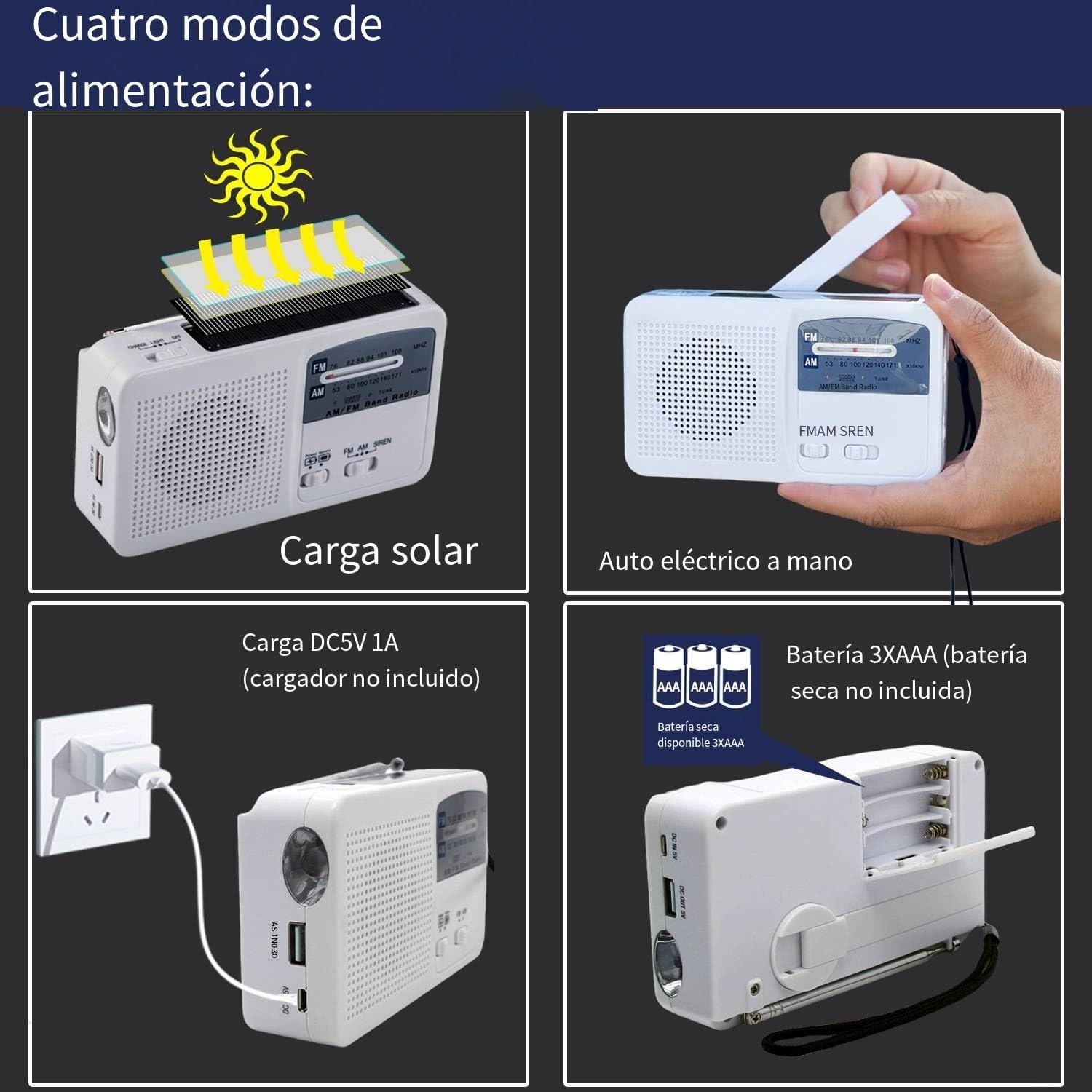 Radio a energia solare a manovella con torcia LED e ricarica cellulare, bianco