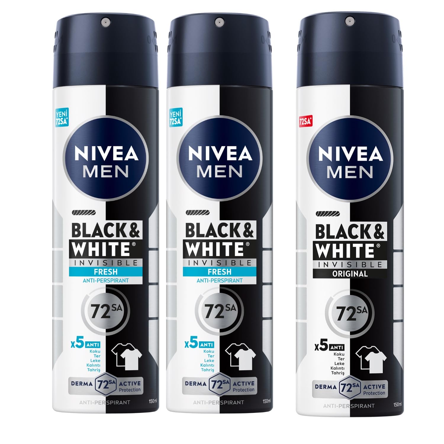 NIVEA Men Erkek Sprey Deodorant Black& White Invisible Fresh 150 ml X2 + NIVEA Men Erkek Sprey Deodorant Black & White Invisible Original 150 ml