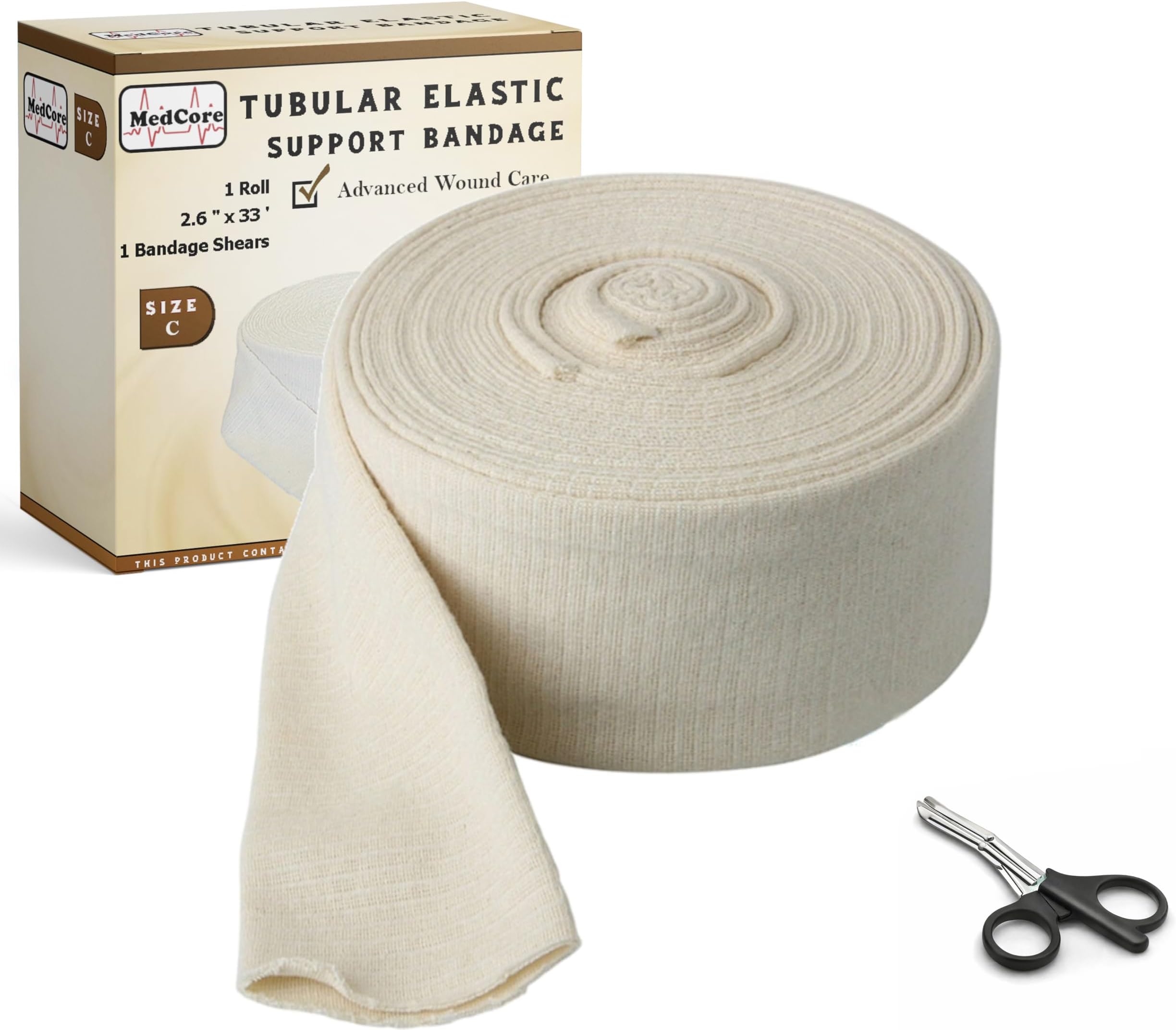 Tubular Compression Bandage Size C (2.65โ x 33 ft) โ Elastic Stockinette Support Sleeve for Small Knee, Elbow, Forearm, Calves, Full Arm Cut-to-Fit, Washable Reusable, No Tape โ Plus Medical Scissors