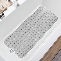 TEESHLY Extra Long Non-Slip Bathtub Mat 39x16 Inch Shower Tub Mat with 200 Suction Cups, Drain Holes, Pebble Massage, Machine Washable - Clear Grey