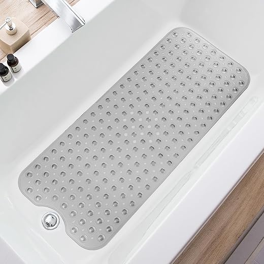 Extra Long Non-Slip Bath Mat with Drain Holes and Suction Cups, 39 x 16 Inch Mat for Bathtub and Shower, Machine Washable (Clear Grey)