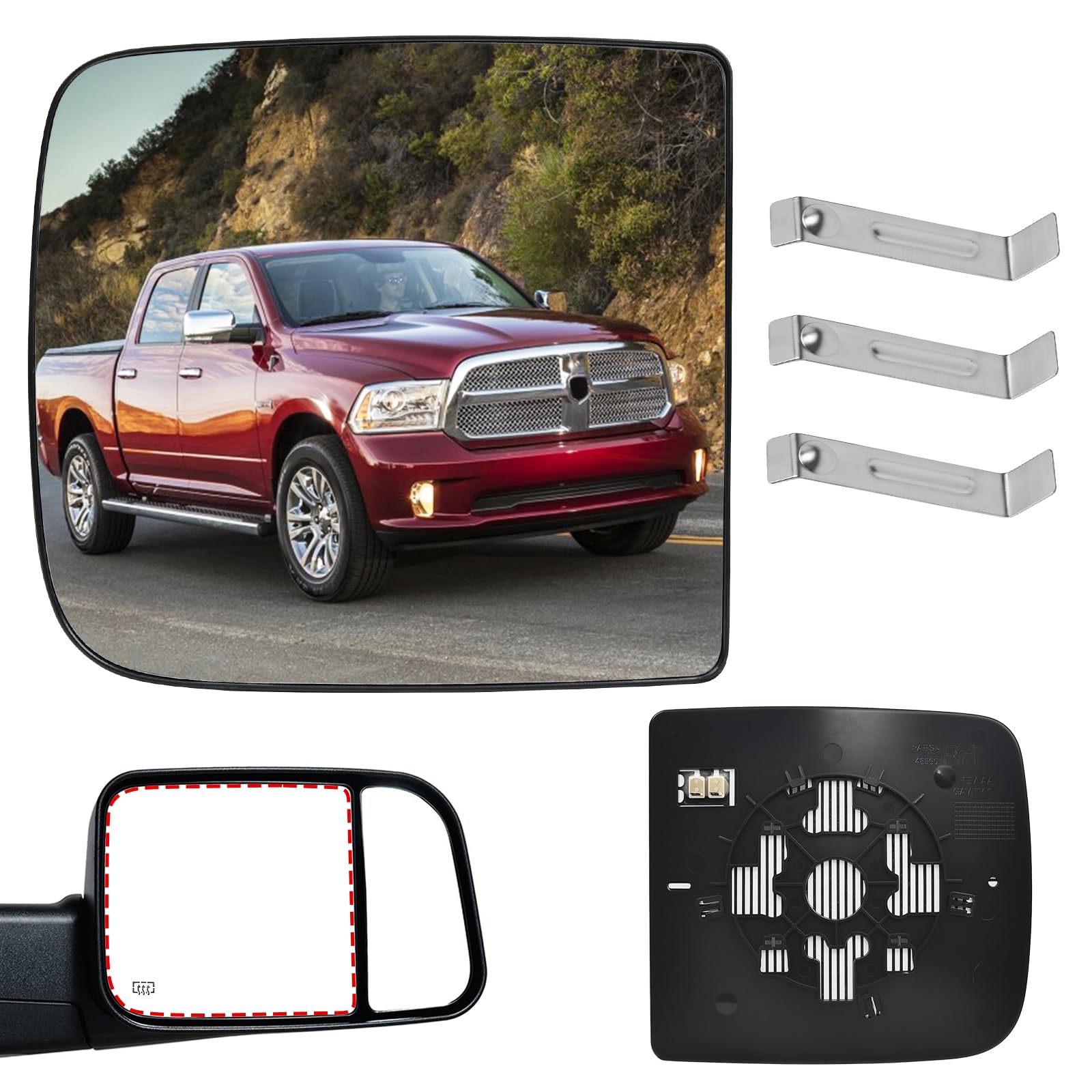 TOP-MAXRam Passenger Upper Side Mirror Glass Compatible with 2010-2020 Ram 1500 2500 3500, Right Heated Mirror with Holder, Replace# 68067728AA 68067726AA