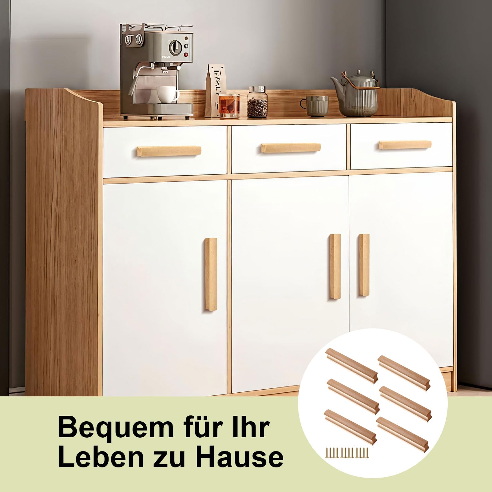 Maniglie in Legno, 6 Pezzi Pomelli Cassetti per Mobili Cucina in Legno Con 12 Viti, Interasse Fori 160 mm, per Bagni, Cucine, Armadi