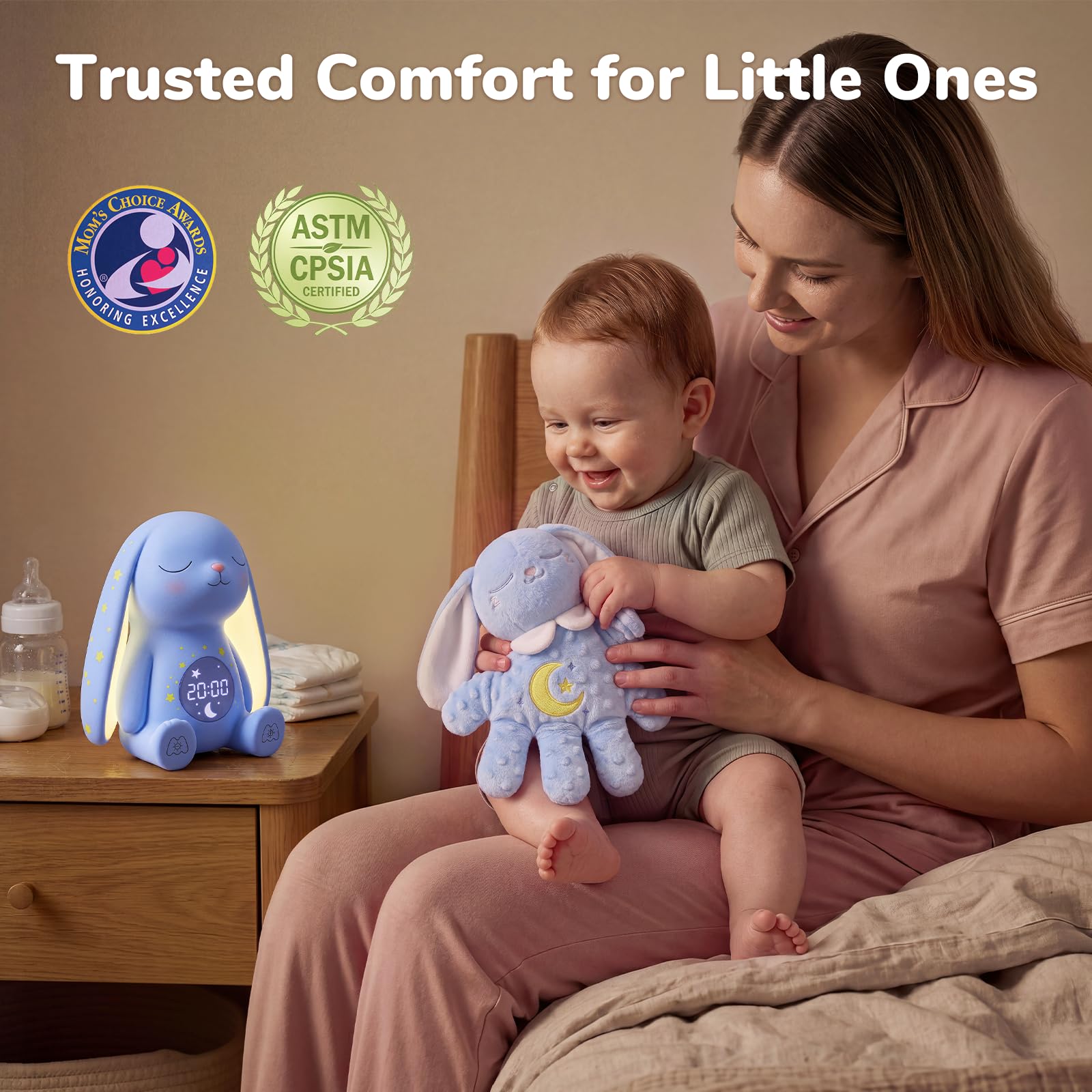 Bunny Baby Comfort Bundle : comprend une machine sonore à bruit blanc (contrôle par application) et une tétine pour bébé (télécommande) avec détection de pleurs avec sons et tapotements doux, cadeaux